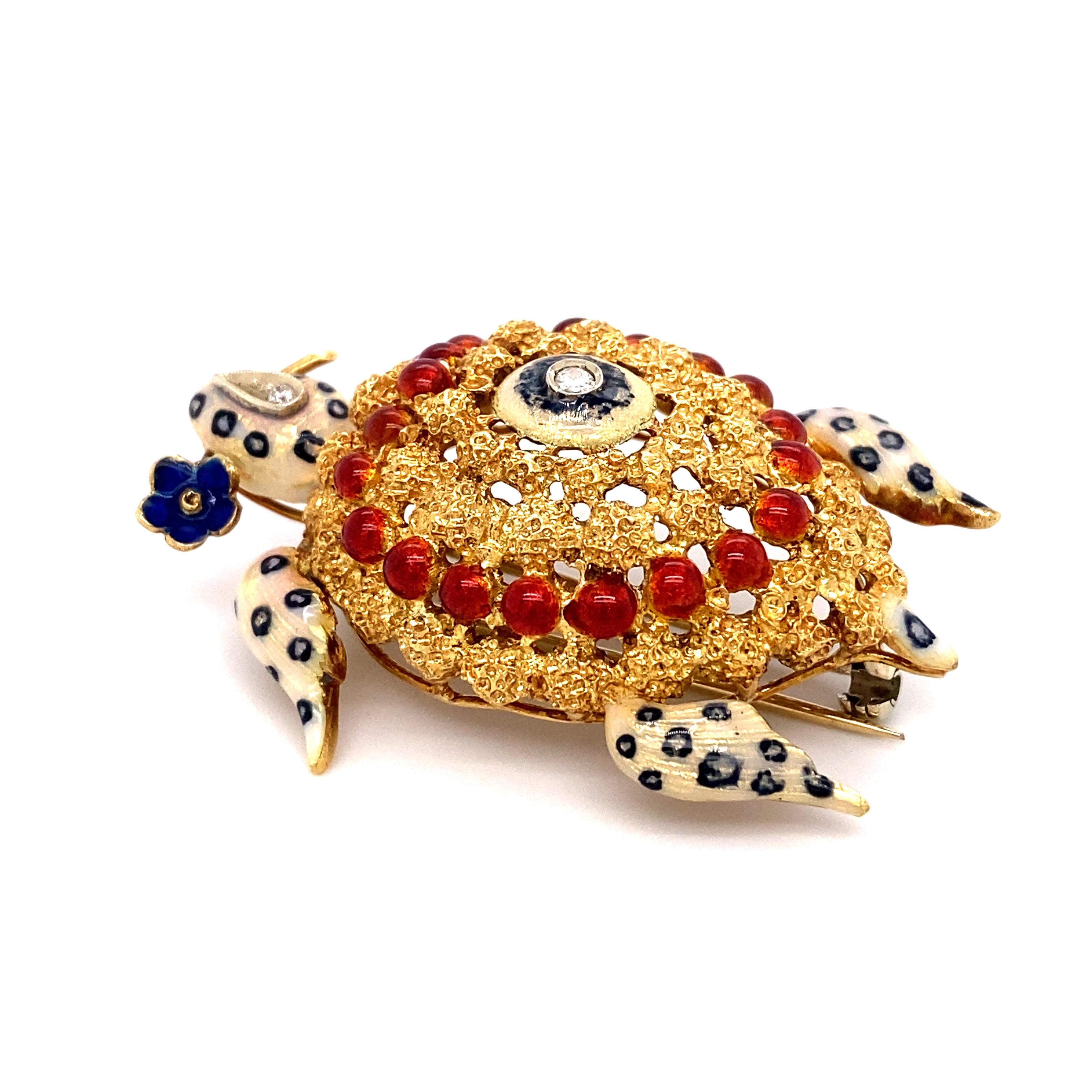 Multicolored Enamel and Diamond Turtle Brooch in 18 Karat Gold In Excellent Condition For Sale In Atlanta, GA
