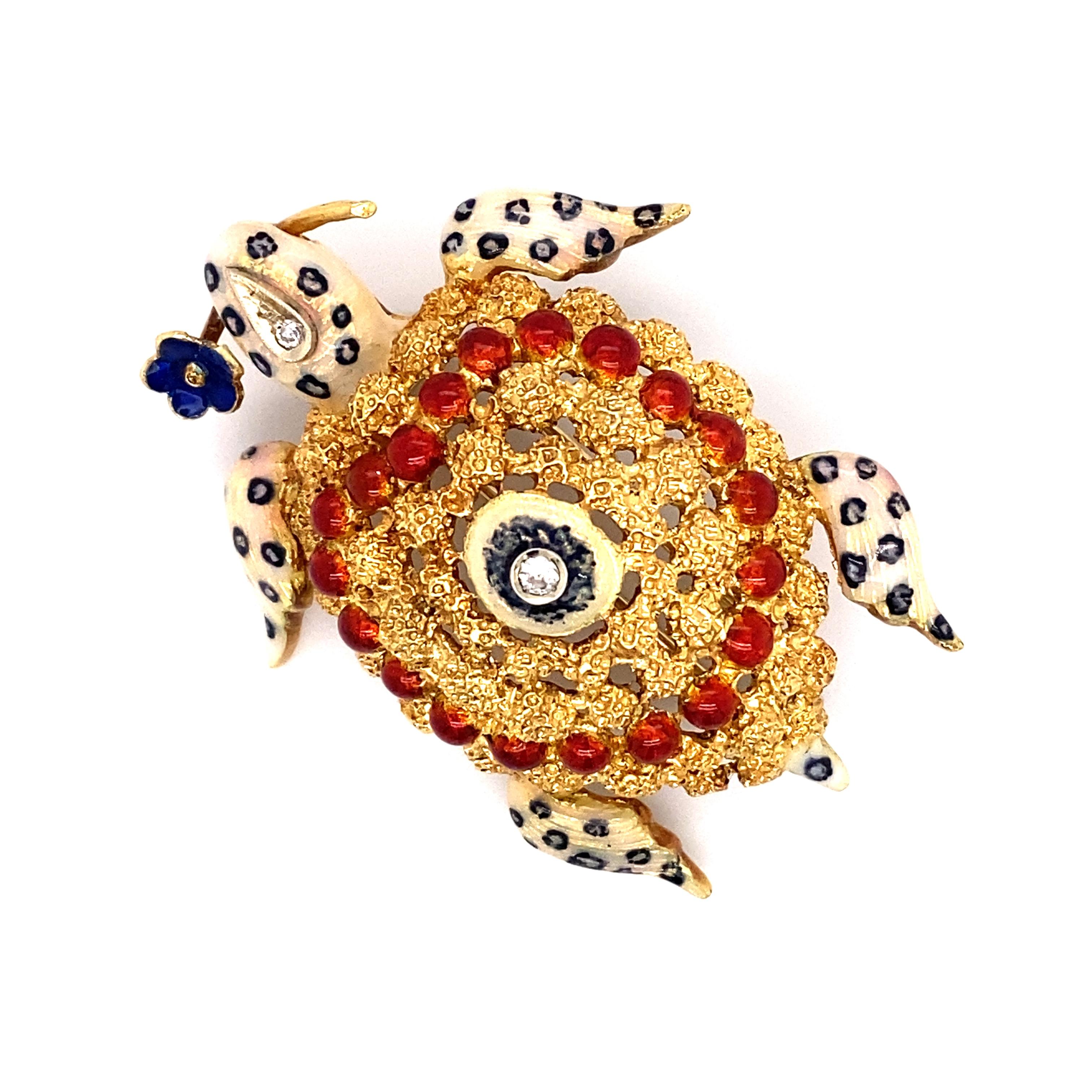 Women's or Men's Multicolored Enamel and Diamond Turtle Brooch in 18 Karat Gold For Sale