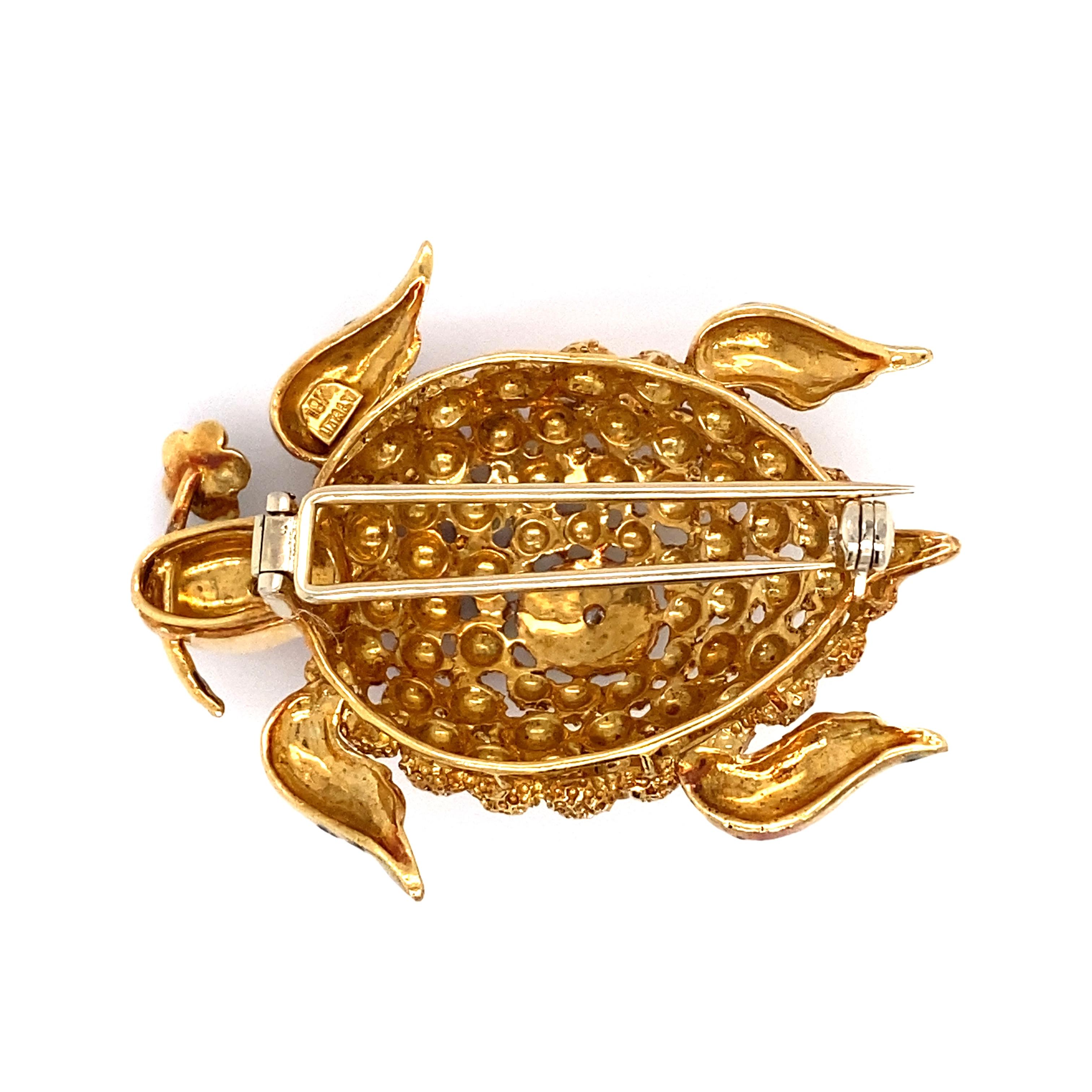 Multicolored Enamel and Diamond Turtle Brooch in 18 Karat Gold For Sale 1