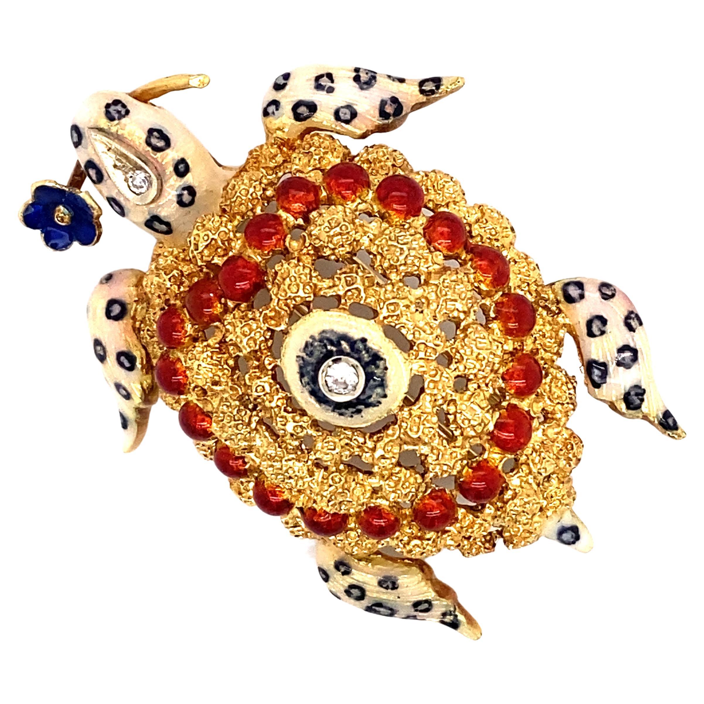 Multicolored Enamel and Diamond Turtle Brooch in 18 Karat Gold For Sale