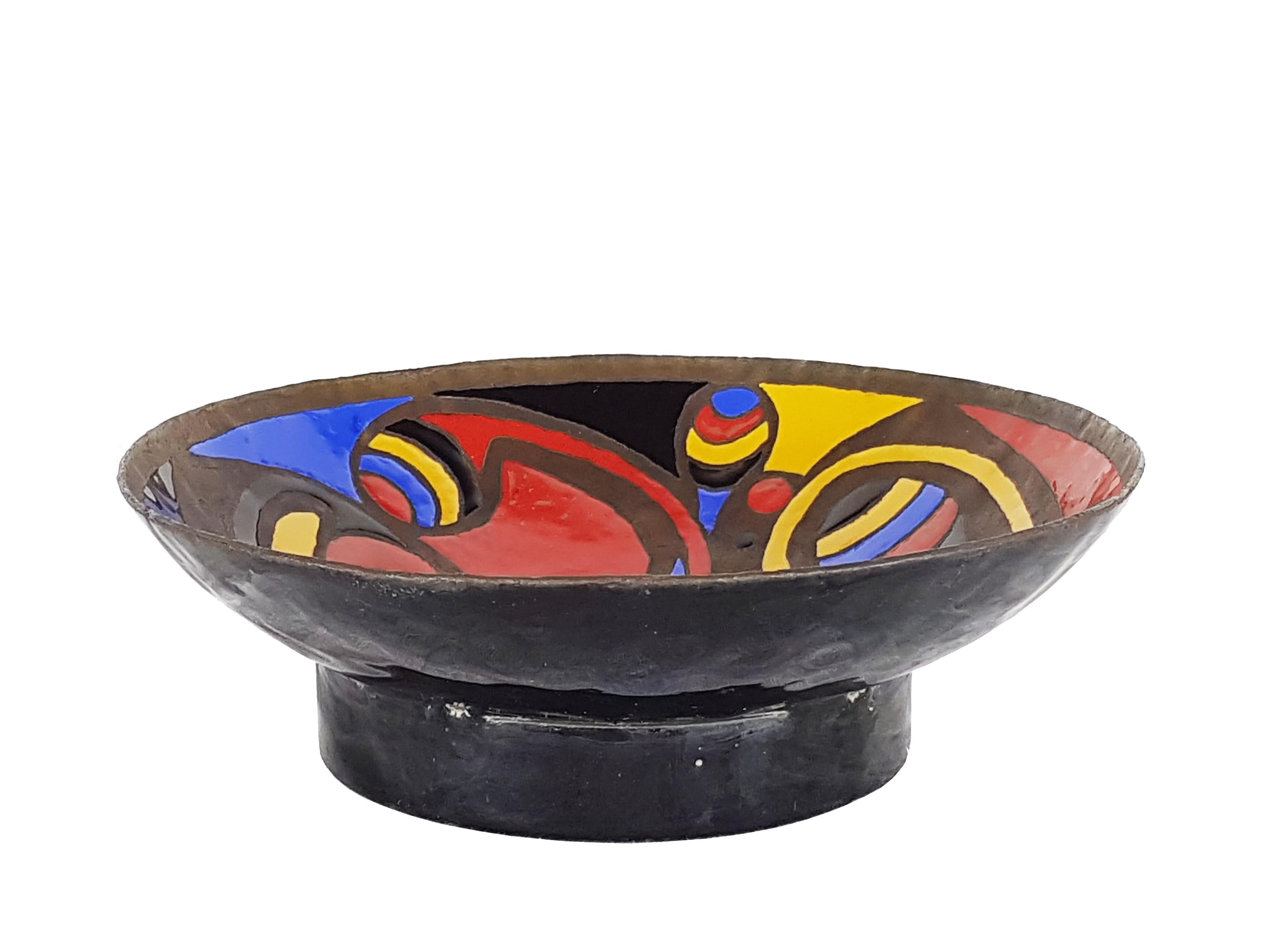 Art Nouveau Multicolored Enameled Bronze Bowl Centerpiece Manufactured in 1972 Mario Marè For Sale