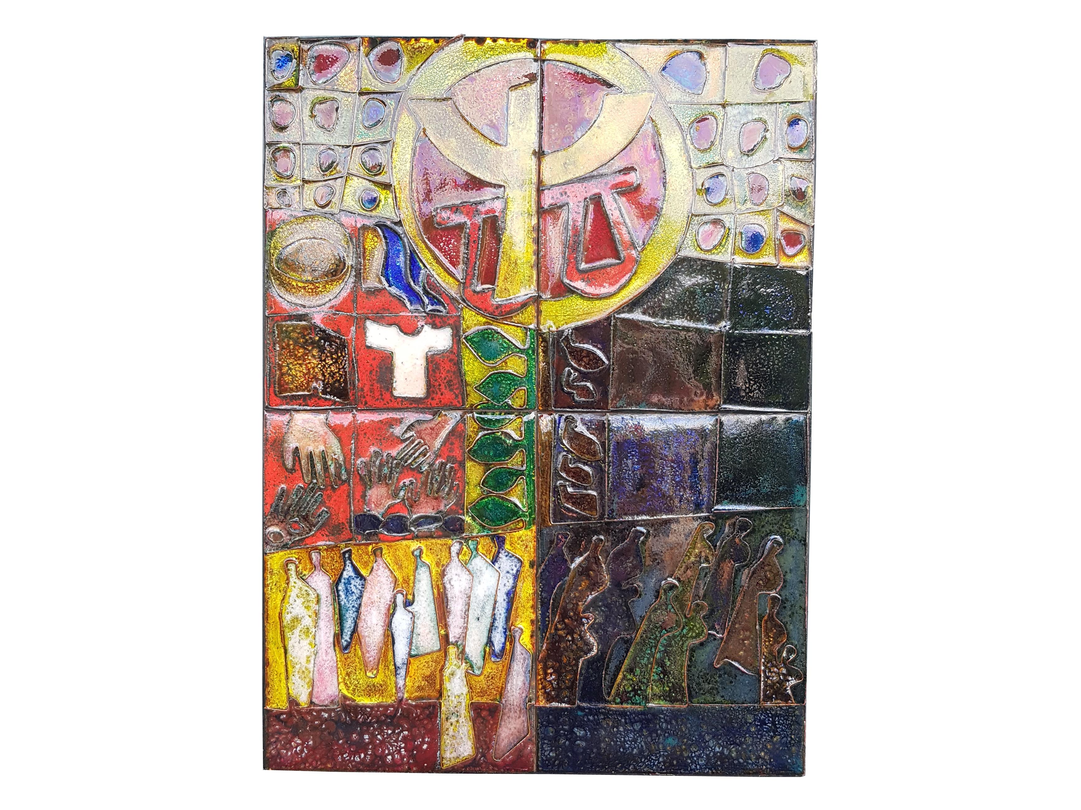 Mehrfarbig emailliertes Kupfer auf Holzdekorationsplatte, 1960er Jahre (Moderne der Mitte des Jahrhunderts) im Angebot