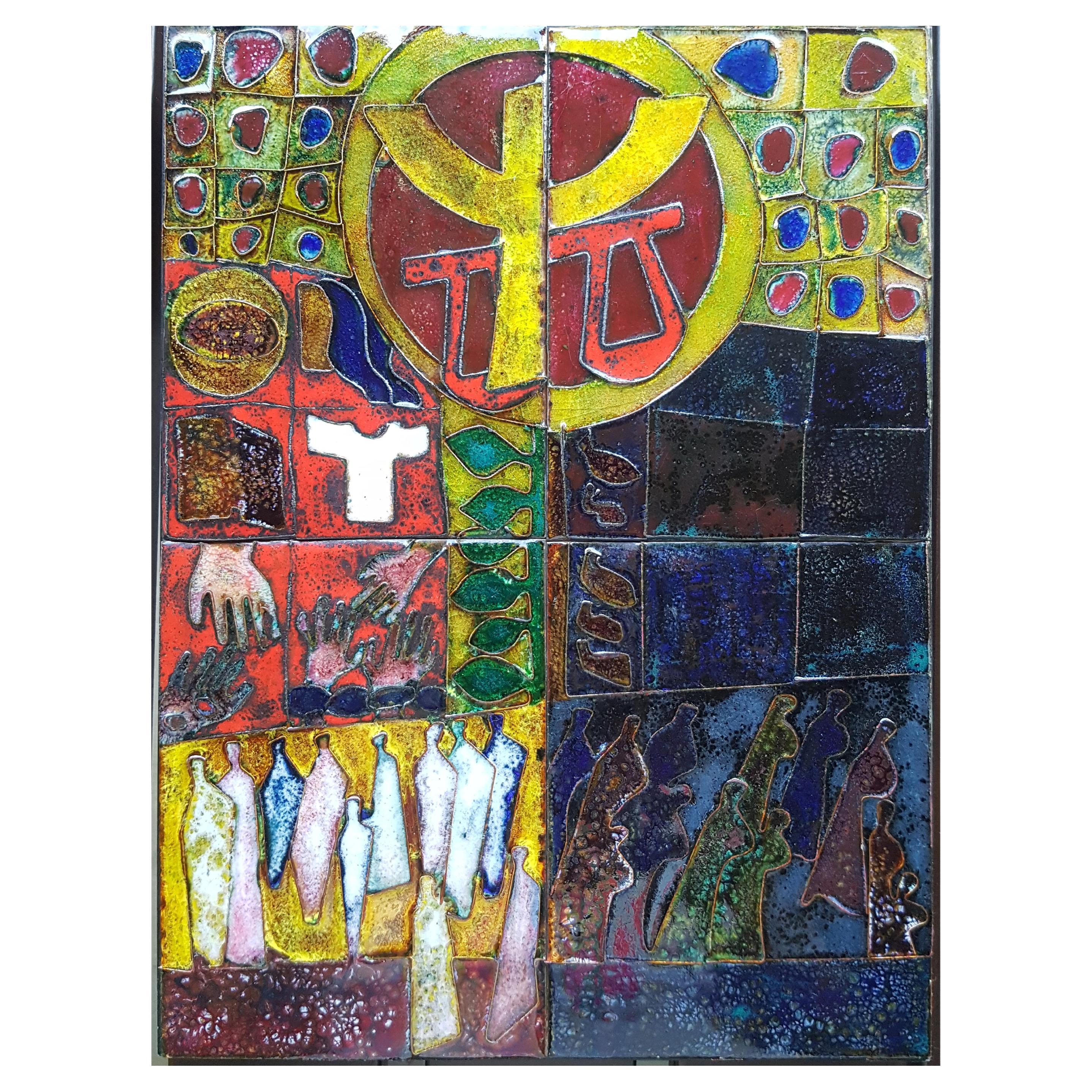 Pannello decorativo in rame smaltato multicolore su legno, anni '60