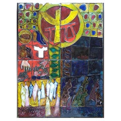 Pannello decorativo in rame smaltato multicolore su legno, anni '60
