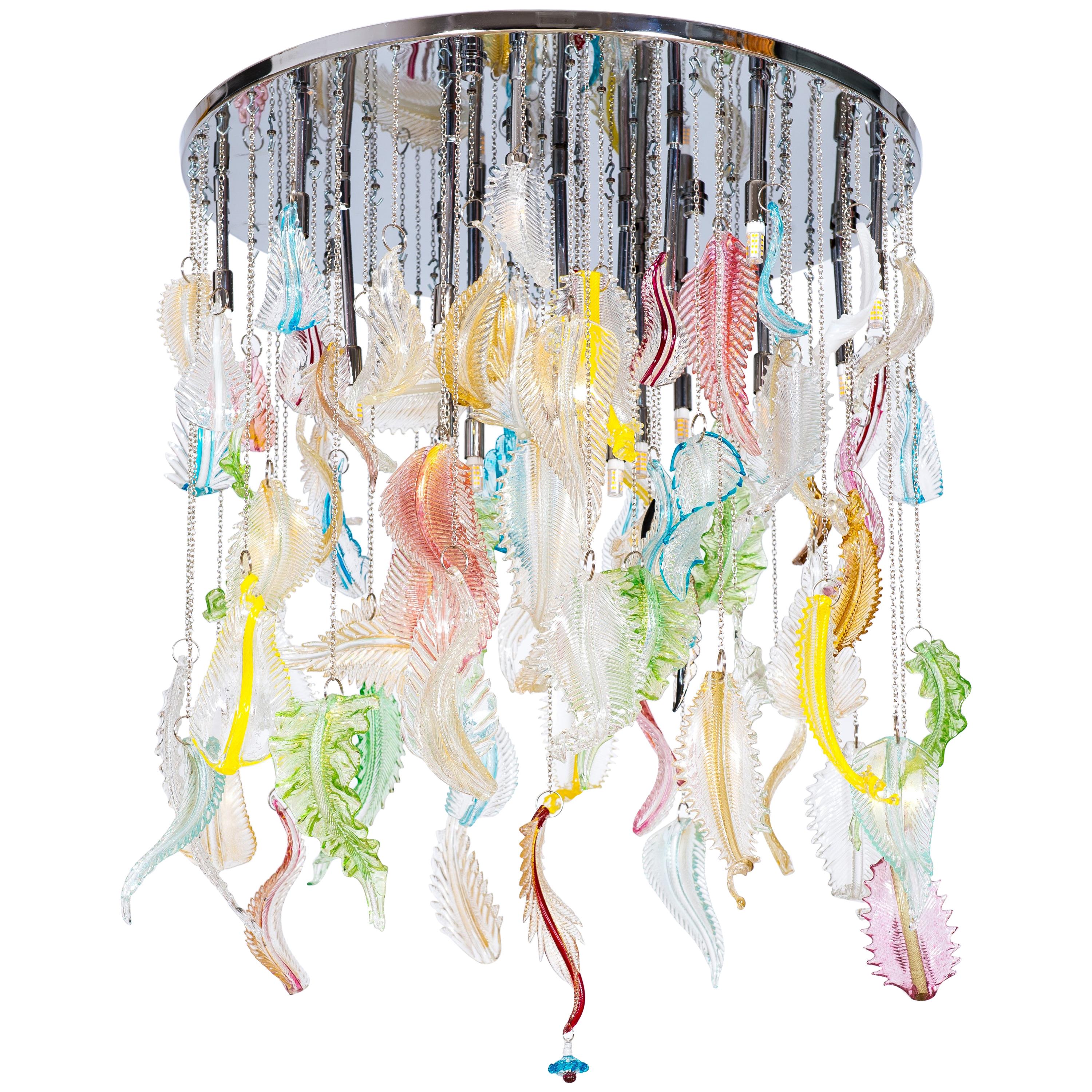 Italian Flush Mount Blown Murano Glass Multi Color leaf by Giovanni Dalla Fina