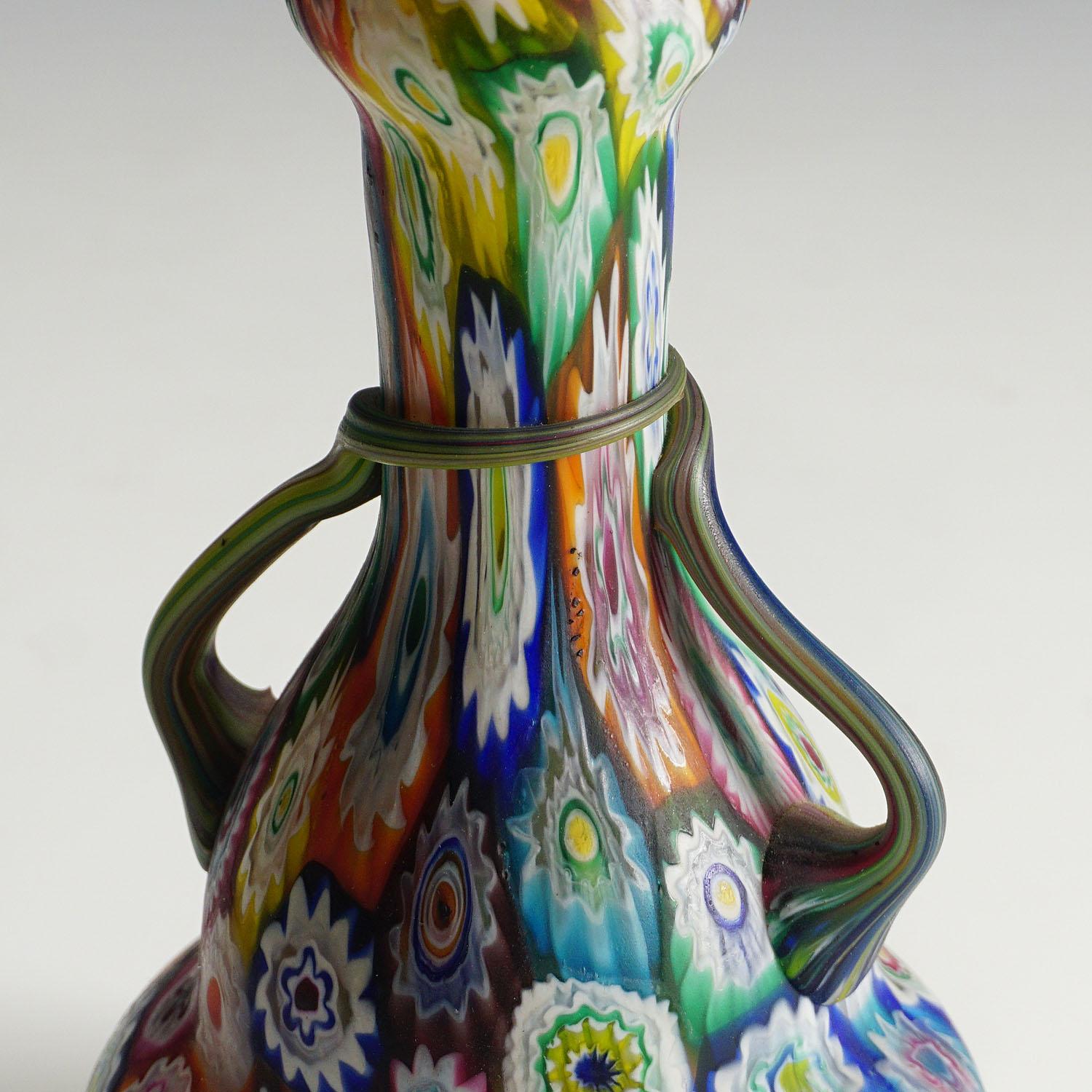 Art Glass Multicolored Fratelli Toso Millefiori Murrine Vase, Murano Early 20th Century For Sale