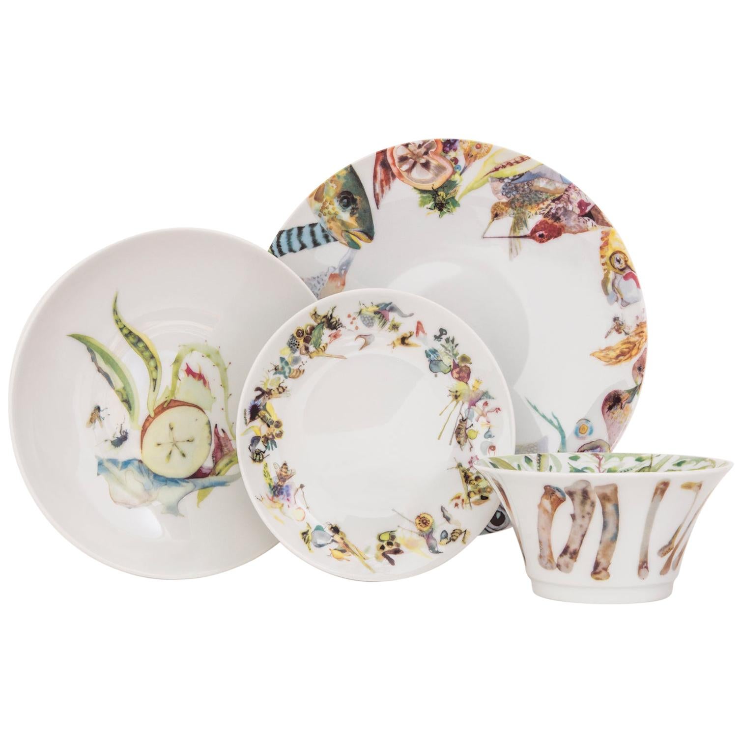 Multicolored French Limoges 4-Piece Porcelain Dinner Setting, Plates and Bowl