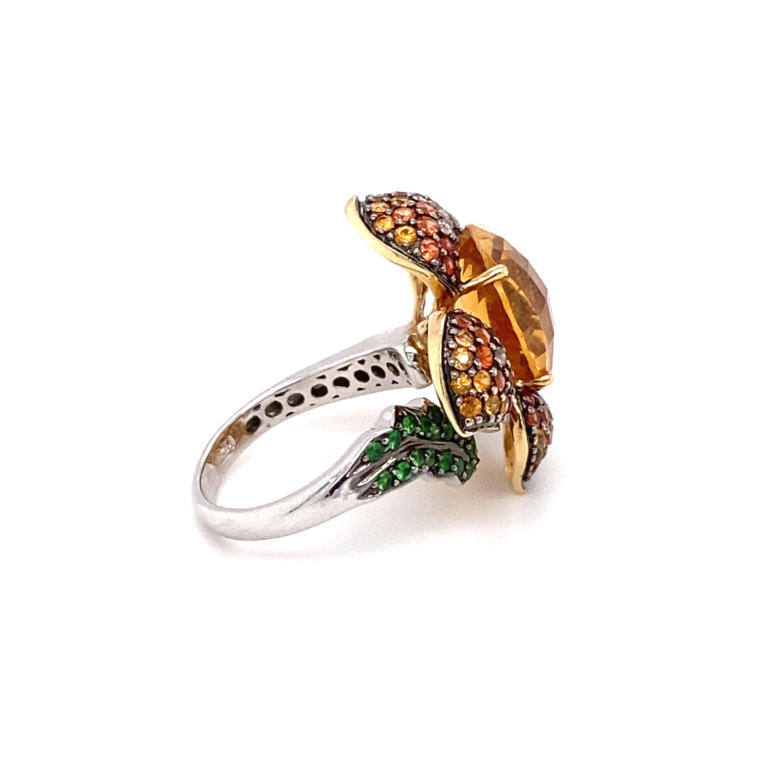 Metal Type: 14K white gold
Weight: 10.8 grams
Size: US 7.25

Features multicolored Garnet, Citrine and Accent Diamonds
Crafted in 14 Karat White Gold
