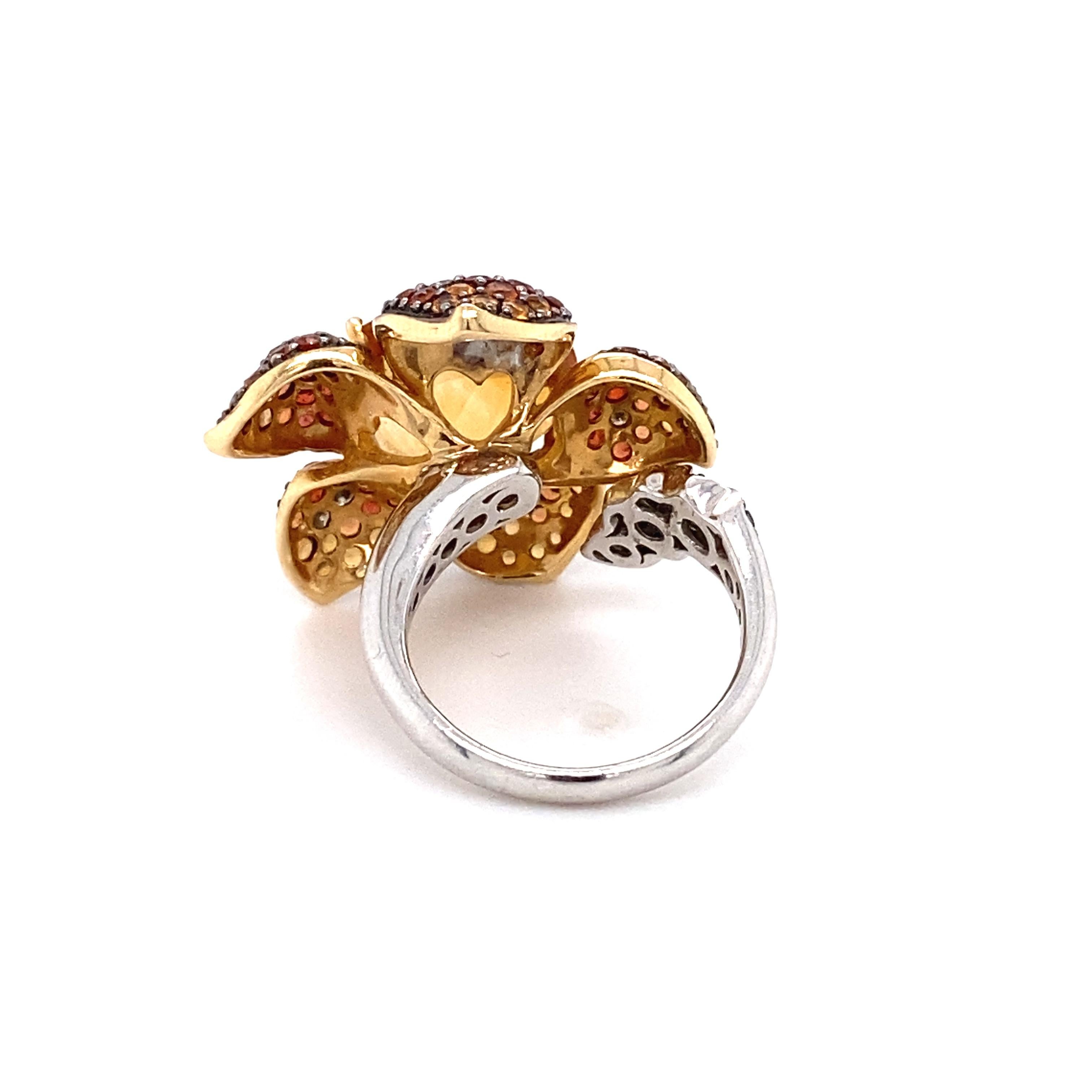 Modern Multicolored Garnet, Citrine, and Diamond Flower Ring in 14 Karat Gold For Sale