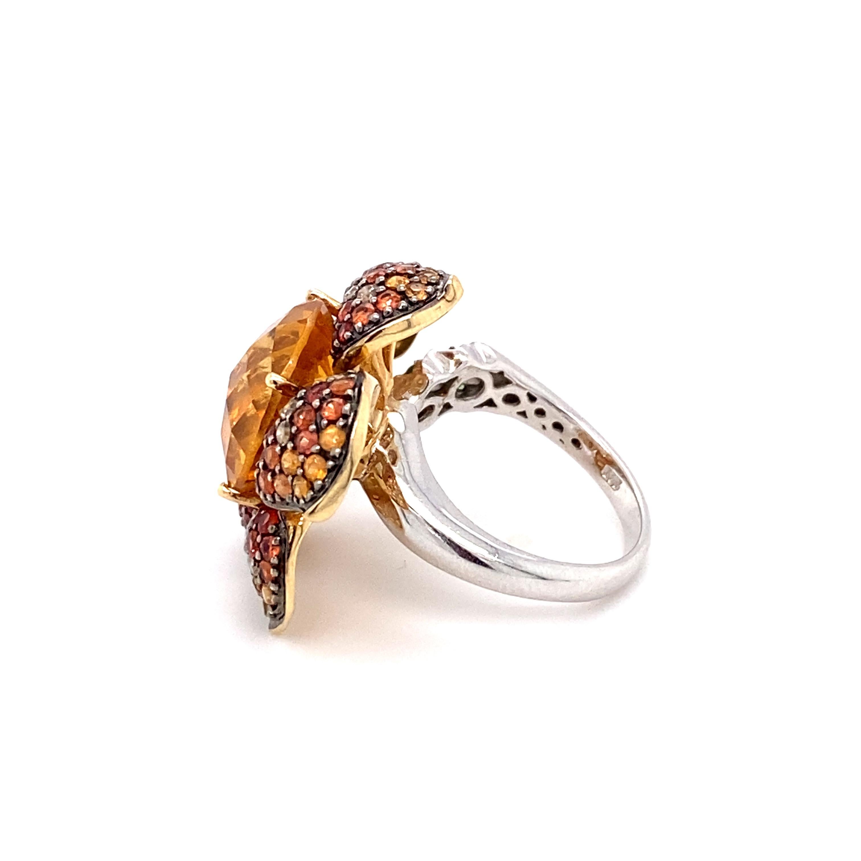 Round Cut Multicolored Garnet, Citrine, and Diamond Flower Ring in 14 Karat Gold For Sale