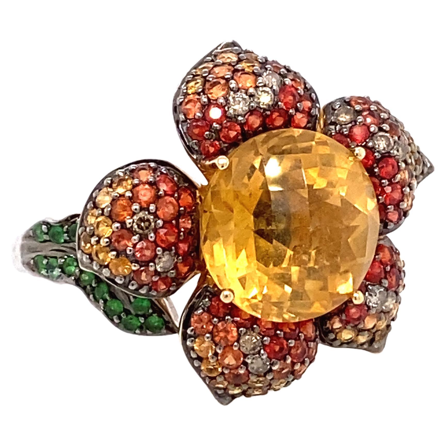 Anillo Flor de Granate Multicolor, Citrino y Diamante en Oro de 14 Kilates