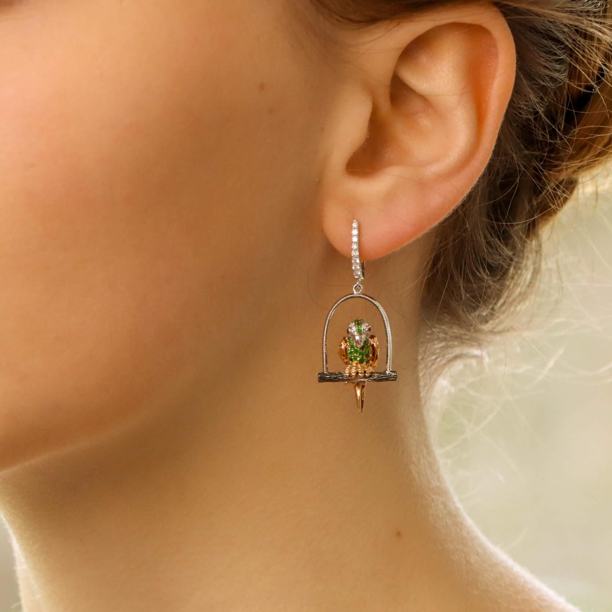 Modern Multicolored Garnet, Sapphire and Diamond Parrot Earrings Set in 18 Karat Gold