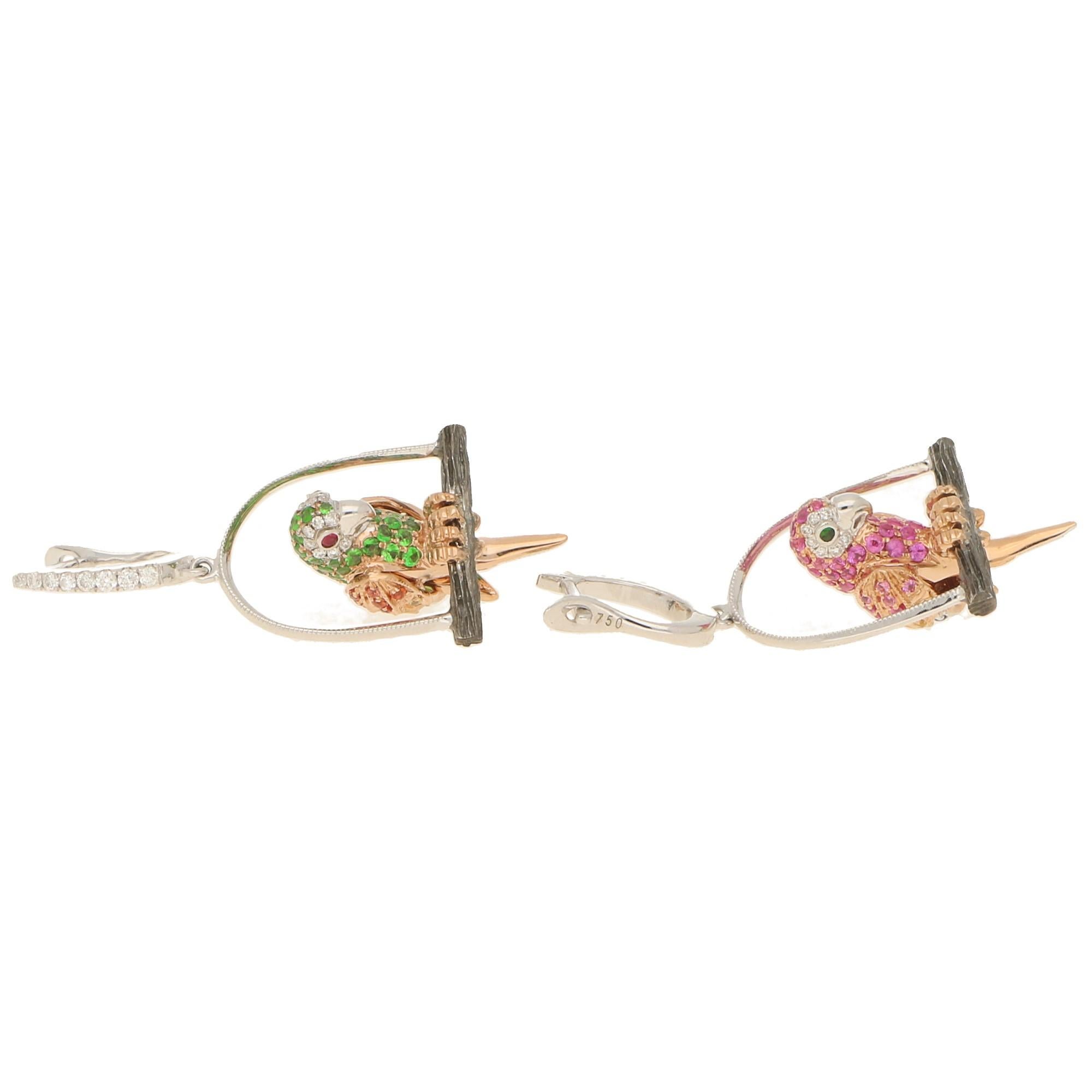 Multicolored Garnet, Sapphire and Diamond Parrot Earrings Set in 18 Karat Gold In Good Condition In London, GB
