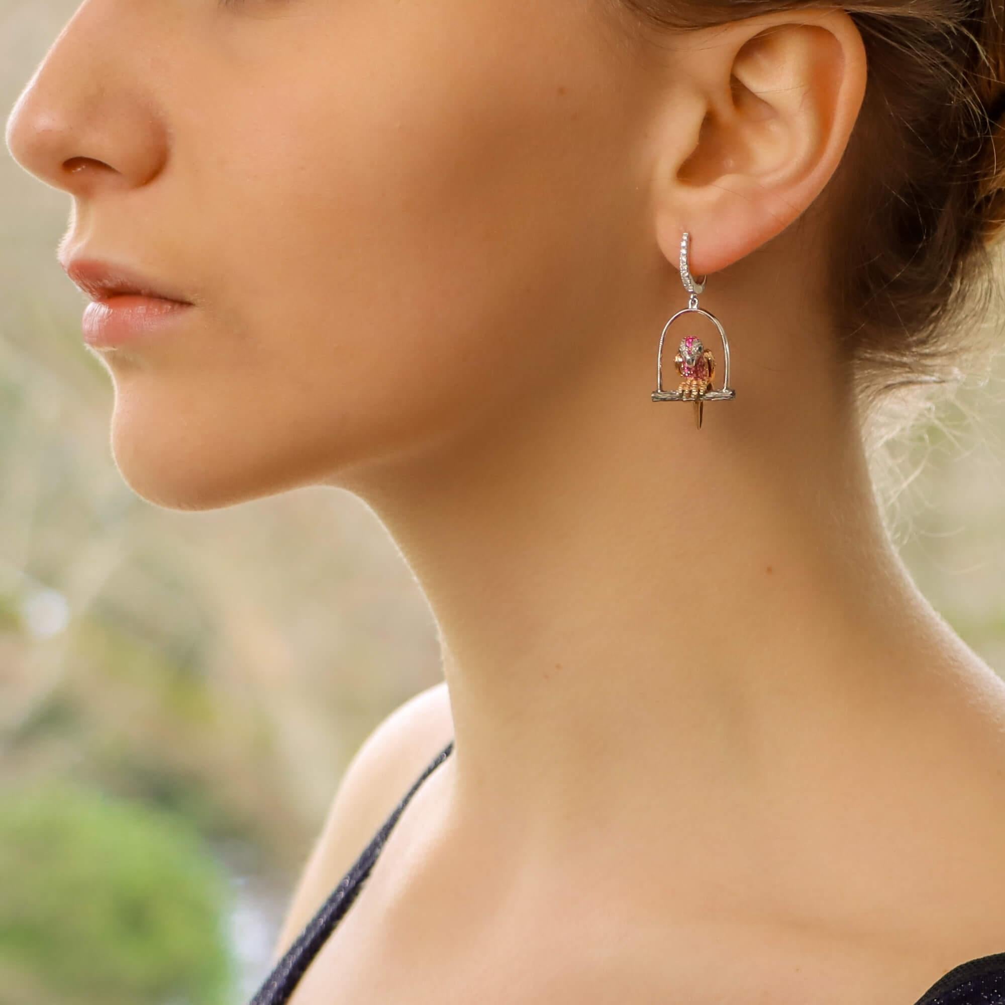 Multicolored Garnet, Sapphire and Diamond Parrot Earrings Set in 18 Karat Gold 1