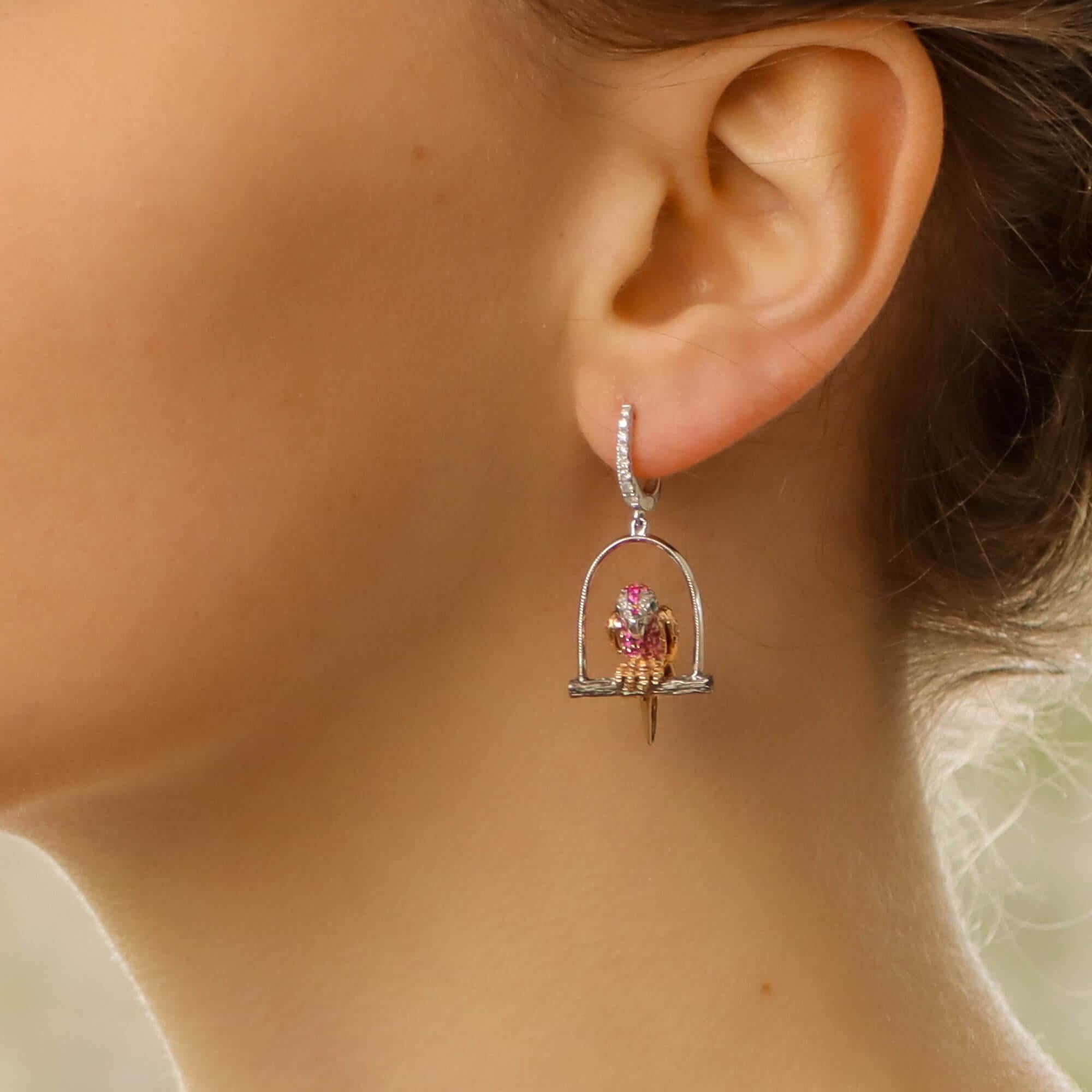 Multicolored Garnet, Sapphire and Diamond Parrot Earrings Set in 18 Karat Gold 2