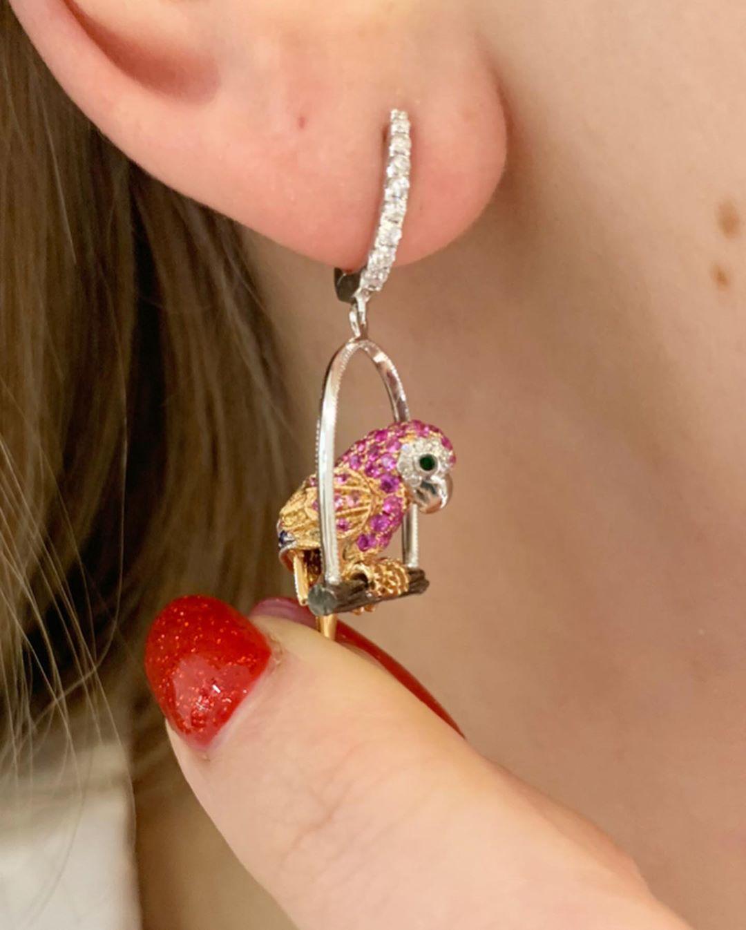 Multicolored Garnet, Sapphire and Diamond Parrot Earrings Set in 18 Karat Gold 3