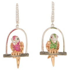 Multicolored Garnet, Sapphire and Diamond Parrot Earrings Set in 18 Karat Gold