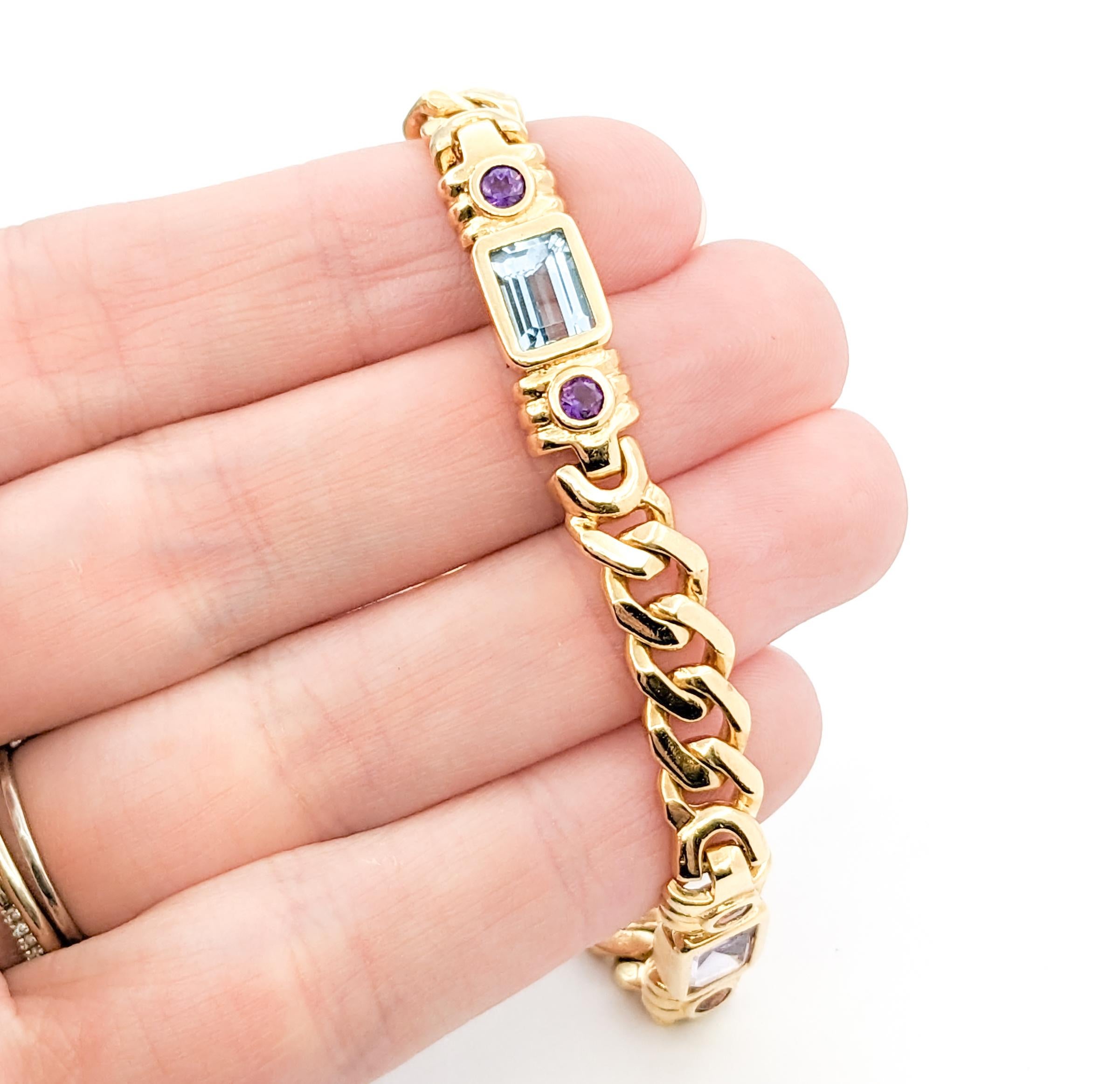 Modern Multicolored Gemstone & 14K Gold Link Bracelet For Sale