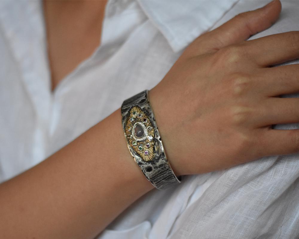 Multicolored Gemstone and Diamond Mixed Metal Cuff Bracelet by Franny E For Sale 3