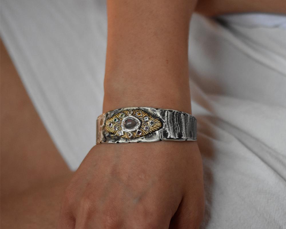 Multicolored Gemstone and Diamond Mixed Metal Cuff Bracelet by Franny E In New Condition For Sale In Vancouver, British Columbia