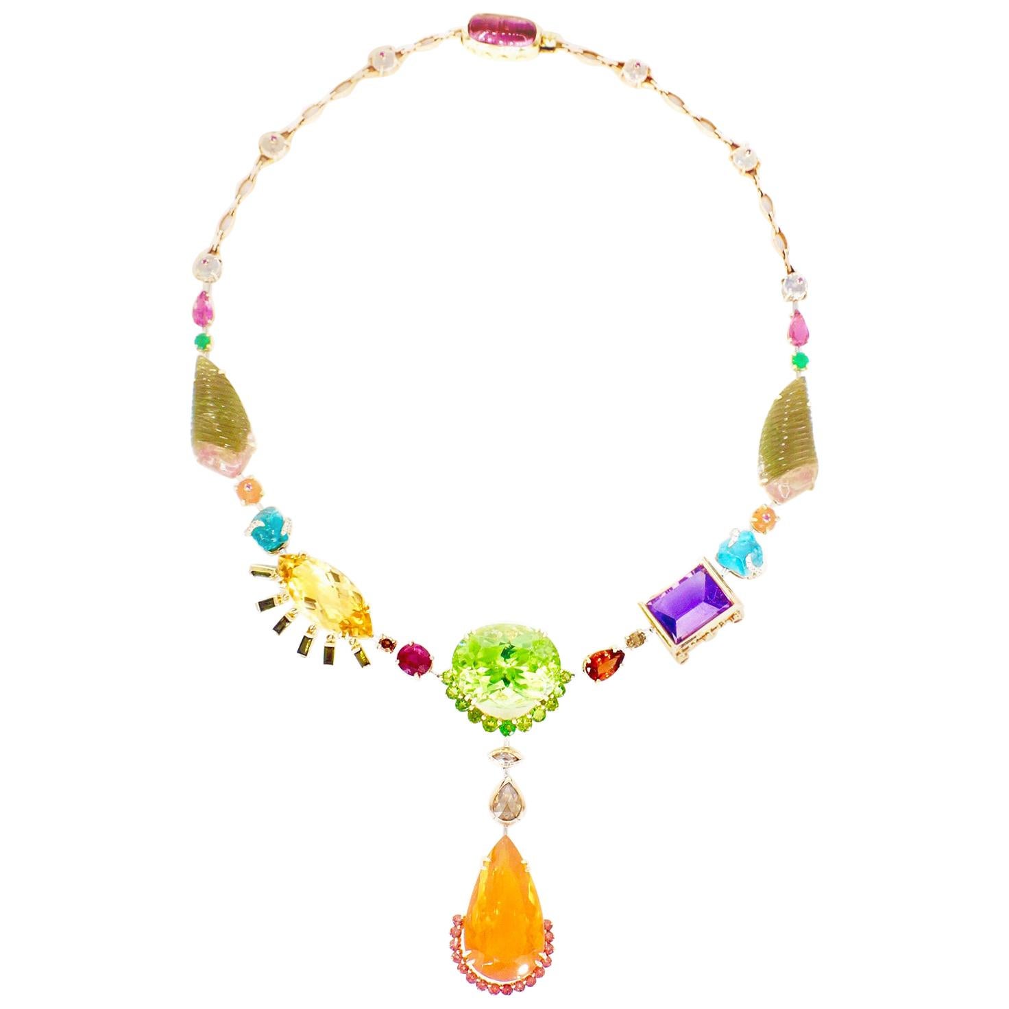 Sharon Khazzam Multicolored Gemstone and Diamond Tori Necklace For Sale