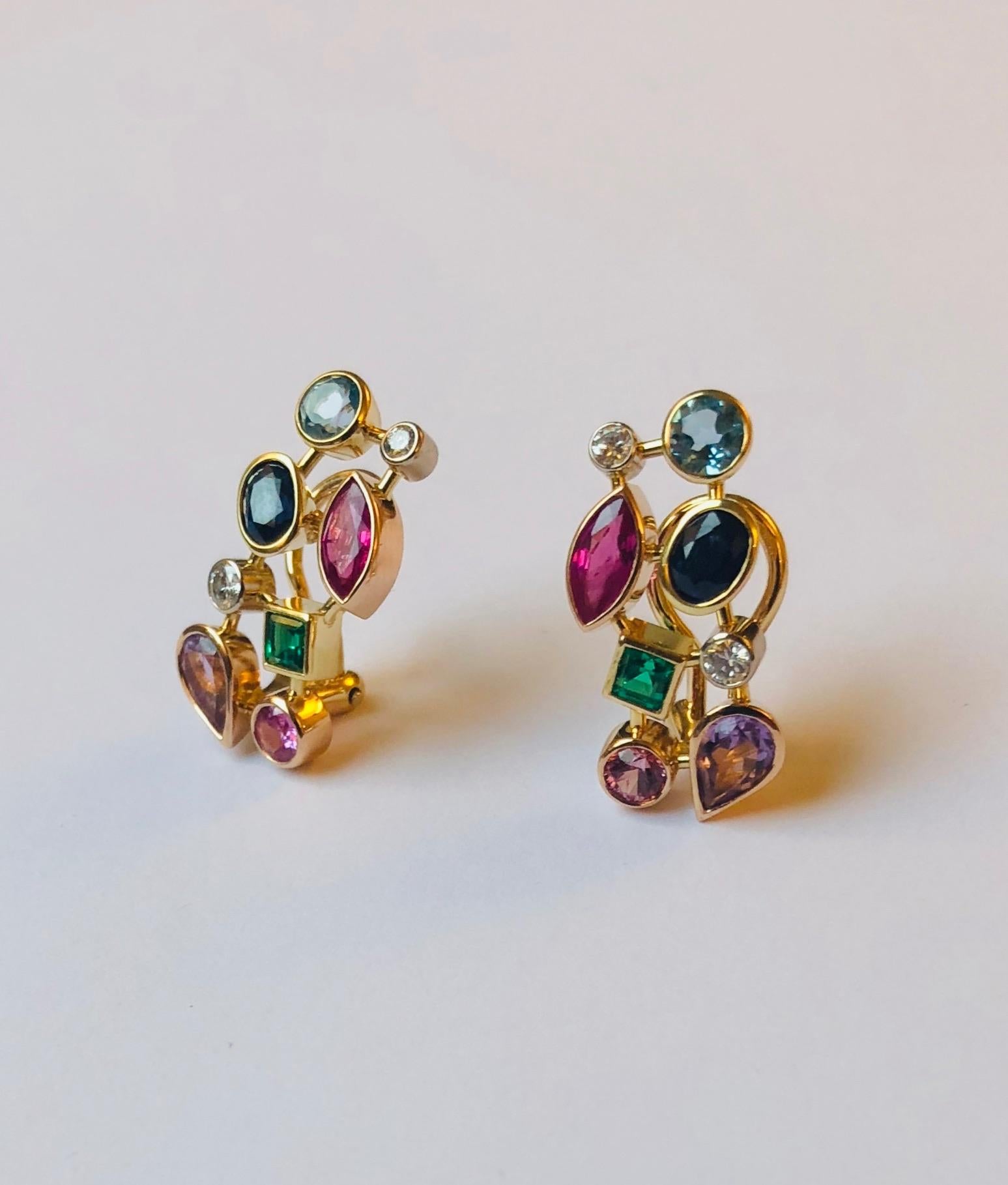 Round Cut Multicolored Gemstone and Diamond Tutti Frutti Earrings For Sale