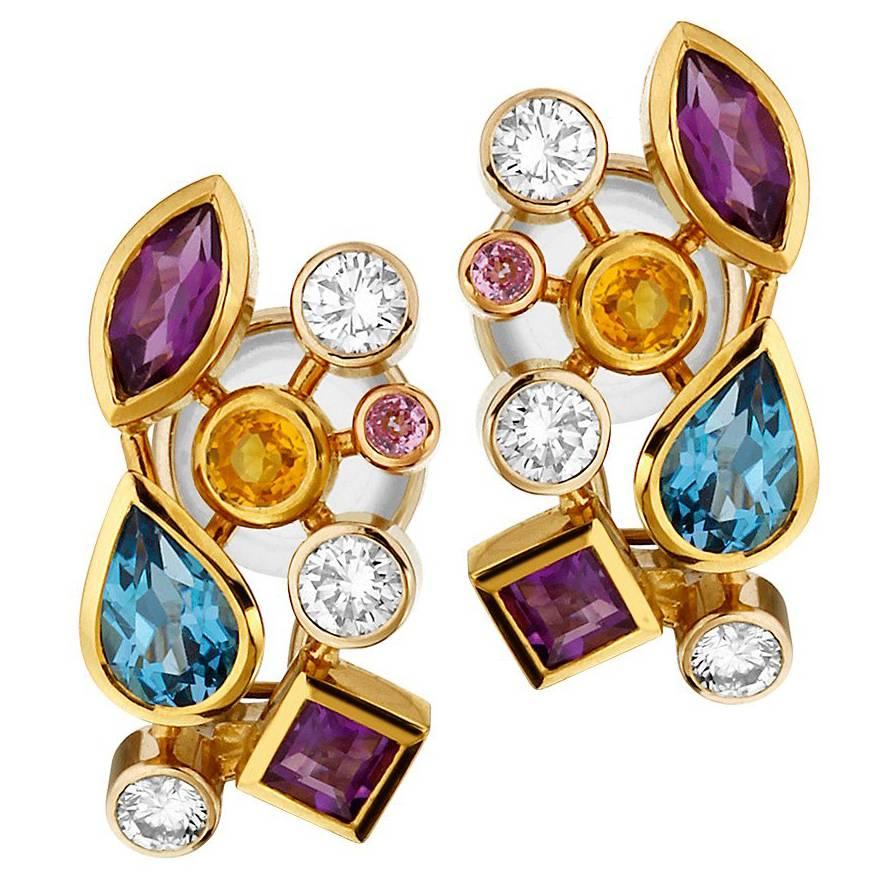 Multicolored Gemstone and Diamond Tutti Frutti Earrings For Sale