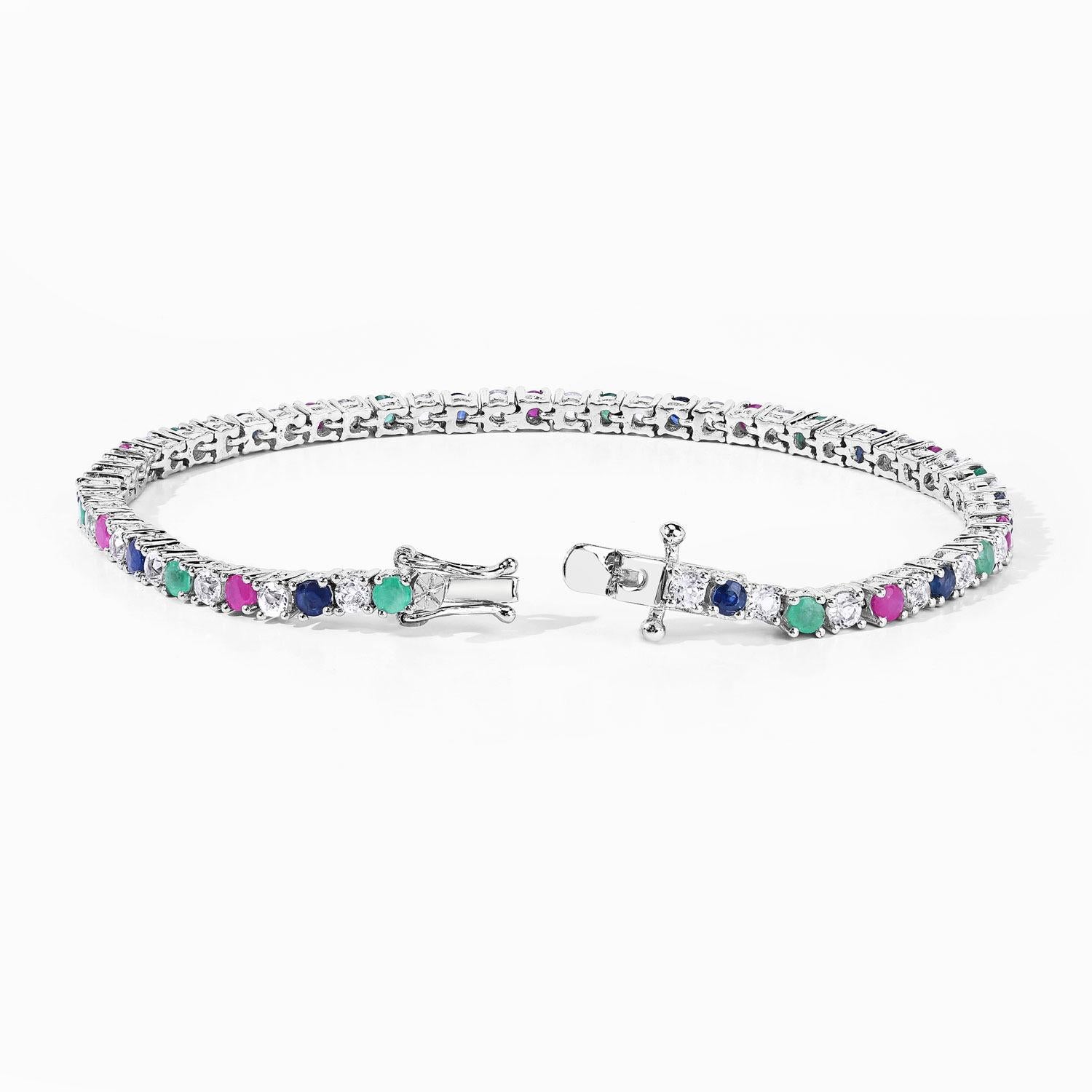 Multicolored Gemstone Bracelet Emerald Ruby Sapphire Topaz 5.6 Carats Silver In Excellent Condition For Sale In Punta Gorda, FL