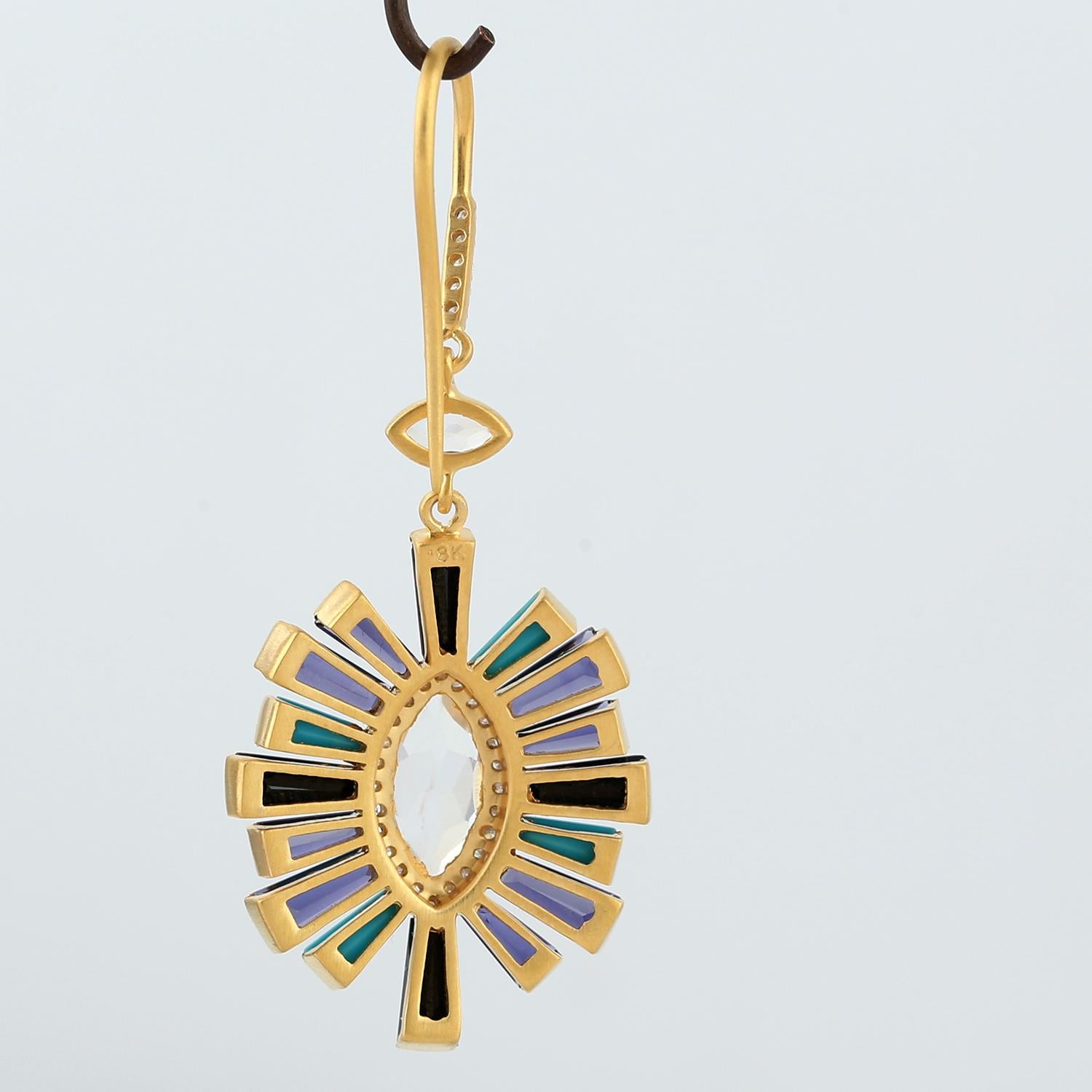 Contemporary Multicolored Gemstone Dangle Earrings With Diamonds Made In 18k Yellow Gold For Sale