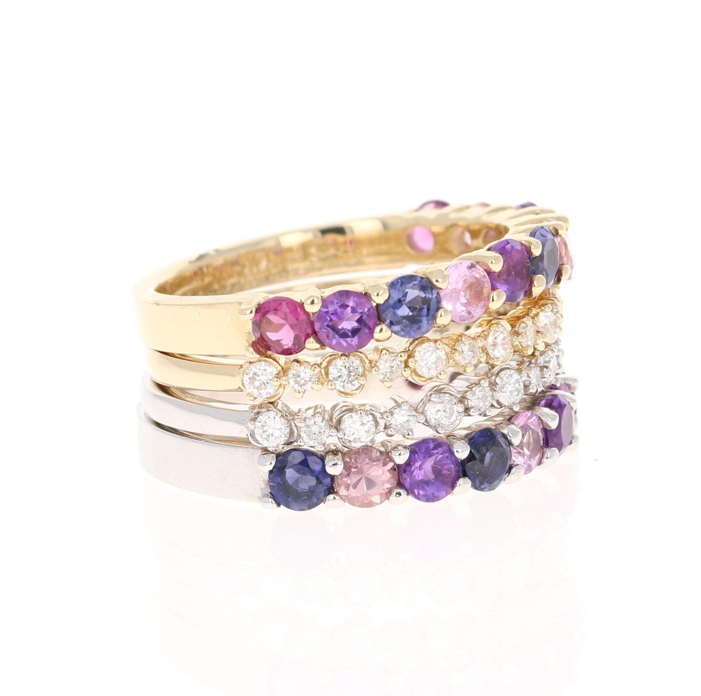 These versatile stackable bands can be worn in multiple ways and can even be used with other jewelry. 

There are 22 colored stones consisting of Purple Garnets, Pink Sapphires, and Amethysts weighing 2.90 carats. For the diamond bands there are 30