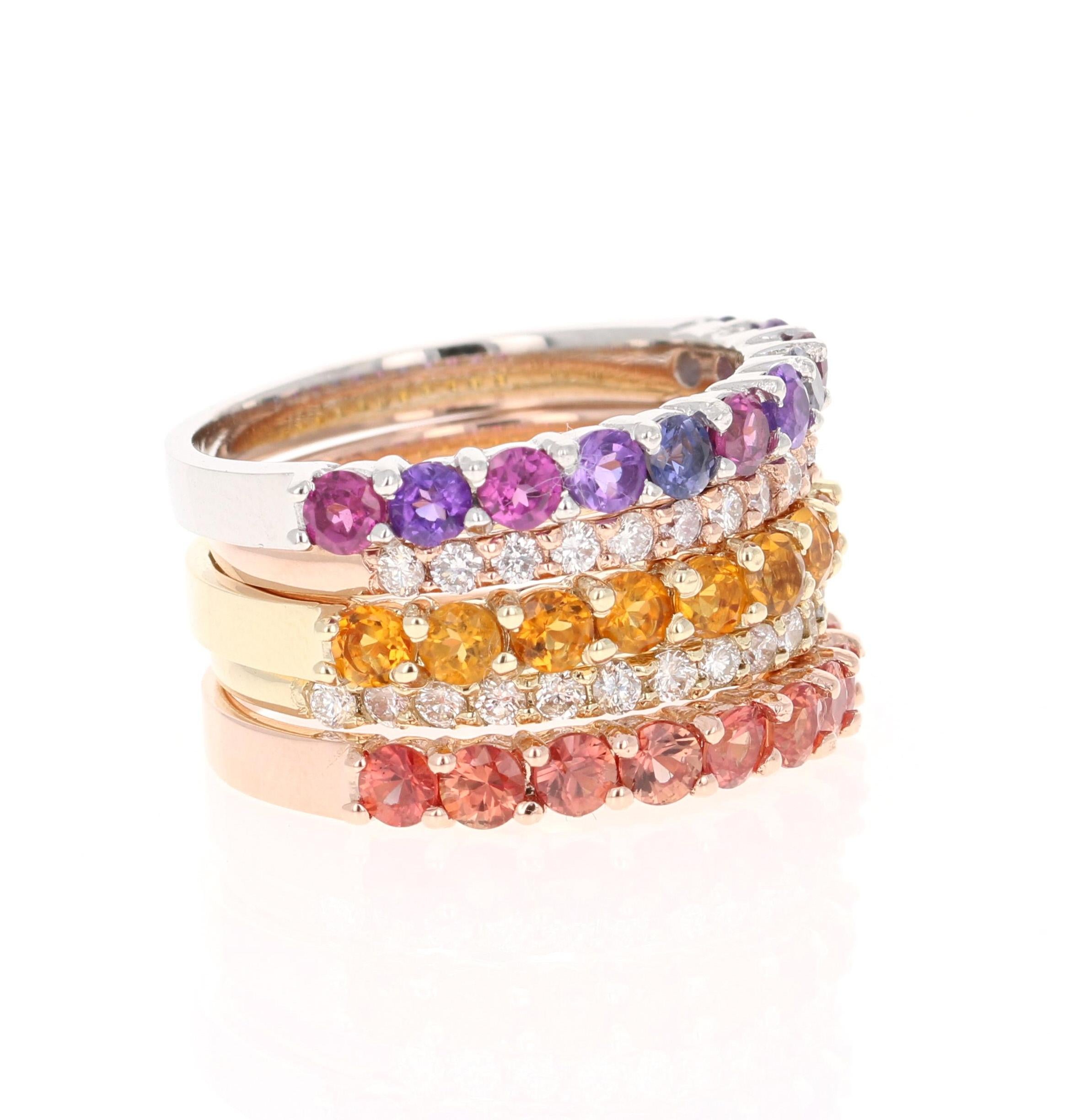 3.33 Carat Multi Color Gemstone Diamond Gold Stackable Bands

Ces bracelets empilables polyvalents peuvent être portés de multiples façons et peuvent même être utilisés avec d'autres bijoux. Vous pouvez utiliser uniquement les bracelets diamantés ou
