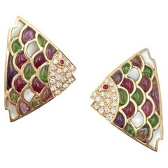 Multicolored Gemstone Diamond Fish Earrings