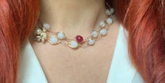 Collana lunga in oro giallo 18 carati con pietre preziose multicolori, diamanti e perle
