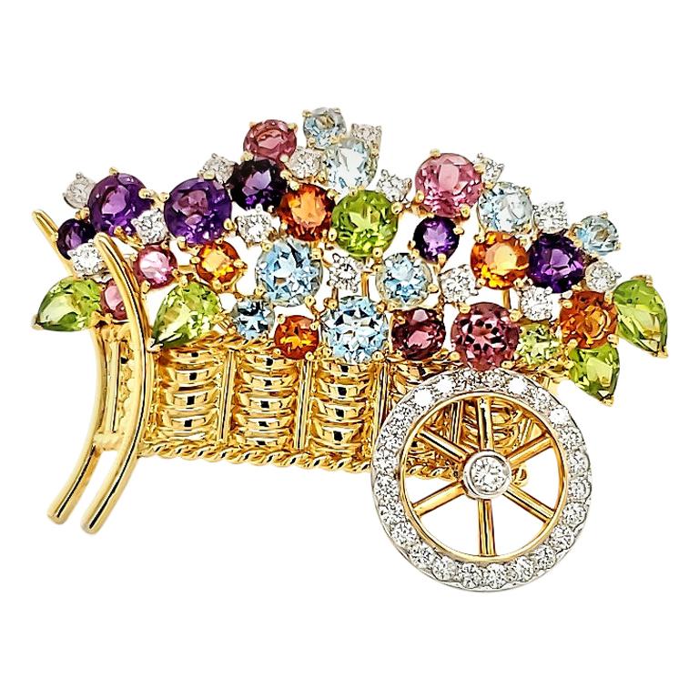 Multicolored Gemstones and Diamond Gold Brooch For Sale