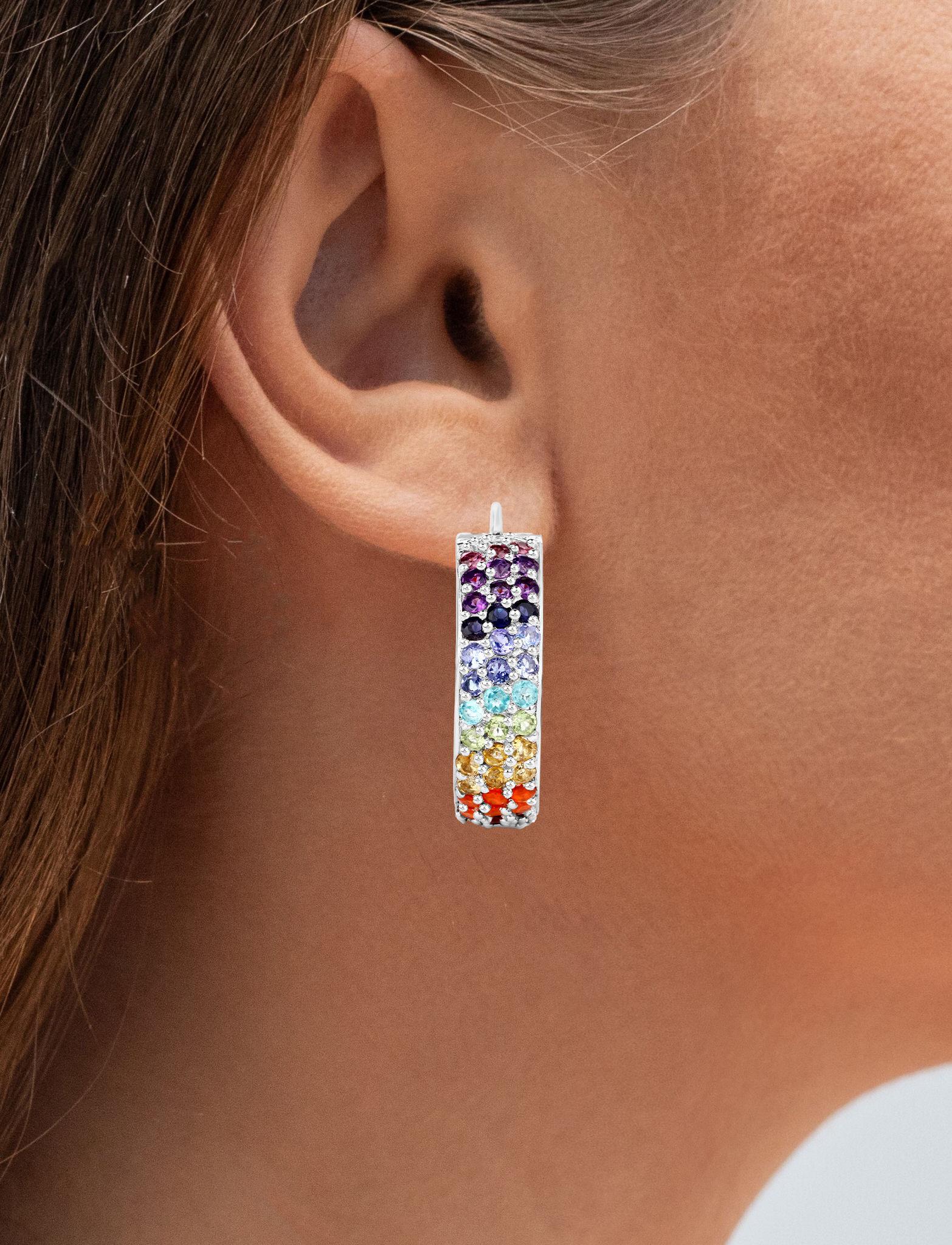 Contemporary Multicolored Gemstones Cluster Earrings 8.8 Carats 18K White Gold Plated Silver For Sale