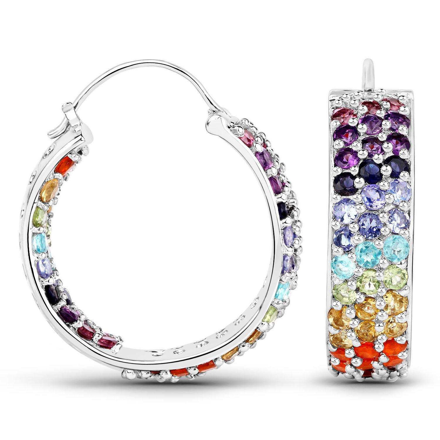 Round Cut Multicolored Gemstones Cluster Earrings 8.8 Carats 18K White Gold Plated Silver For Sale