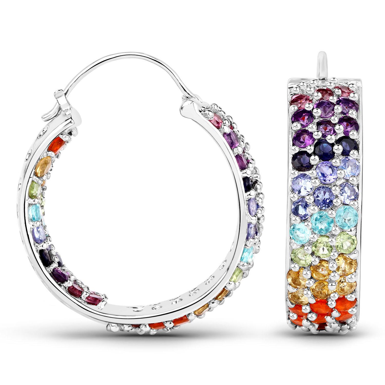 Pendientes Racimo de Piedras Multicolores 8,8 Quilates Plata Chapada en Oro Blanco de 18 Quilates Corte redondo en venta