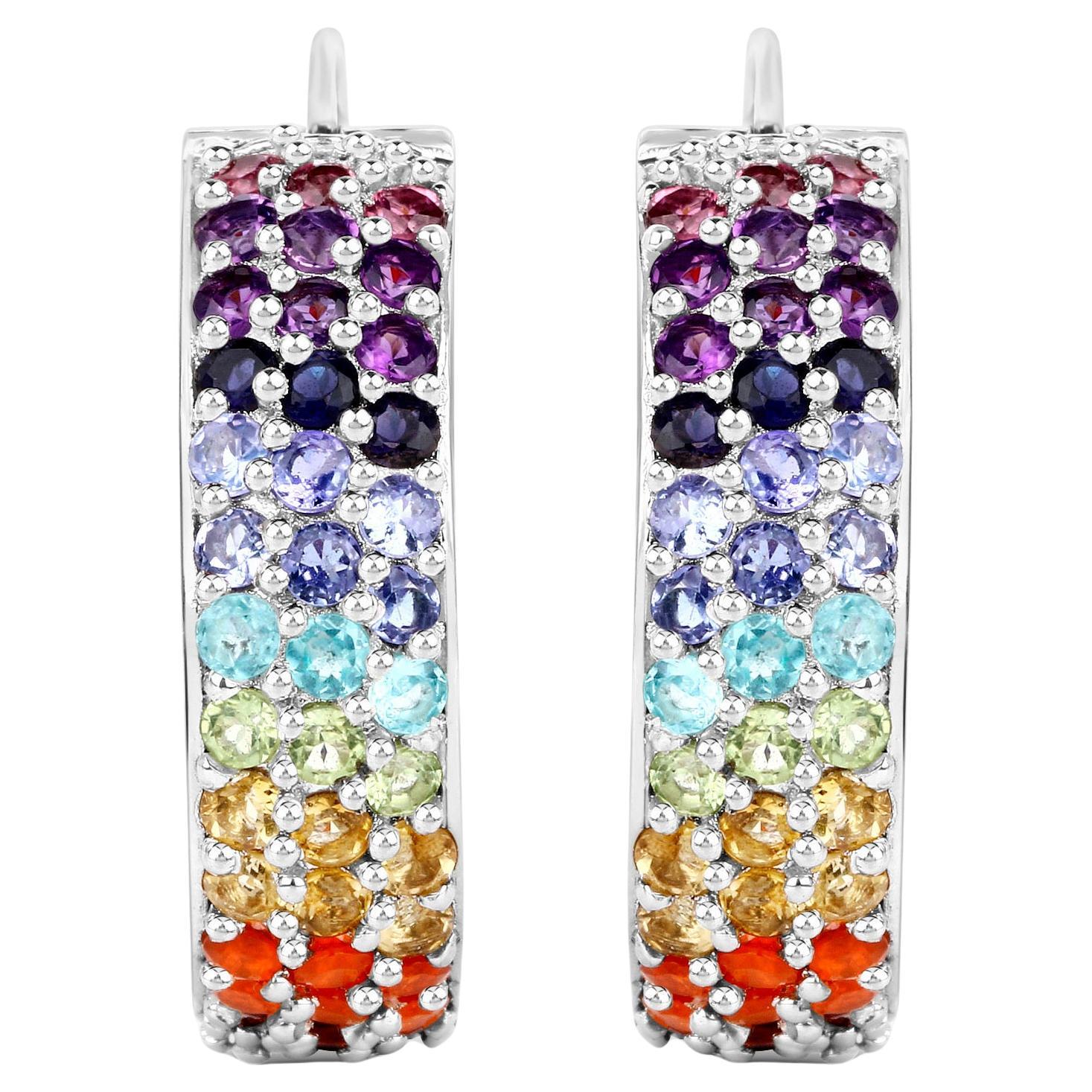 Multicolored Gemstones Cluster Earrings 8.8 Carats 18K White Gold Plated Silver For Sale