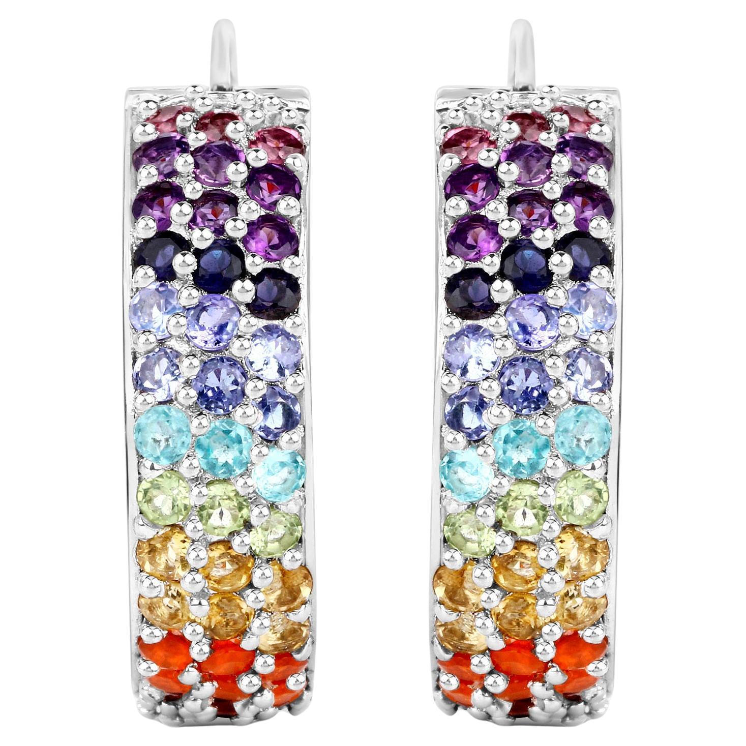 Multicolored Gemstones Cluster Earrings 8.8 Carats 18K White Gold Plated Silver