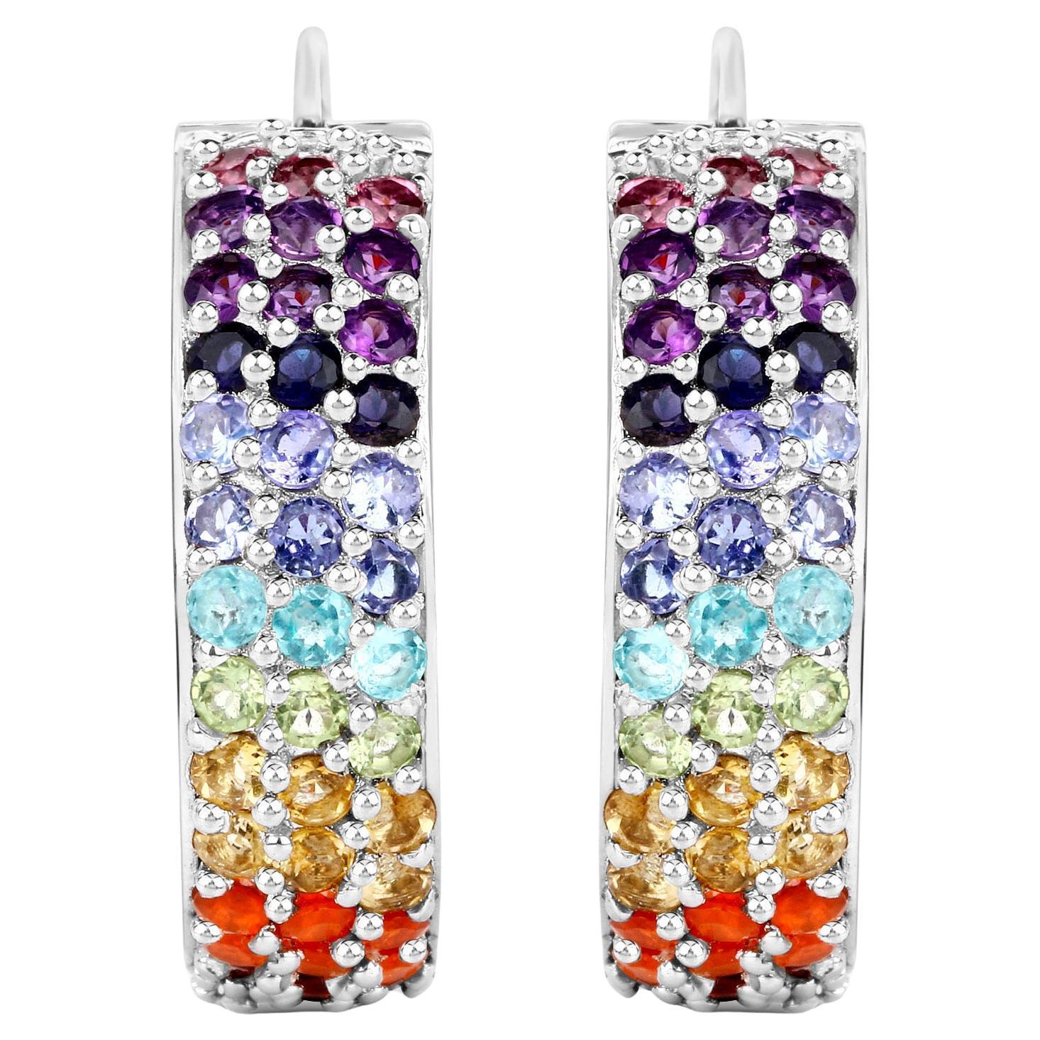 Multicolored Gemstones Cluster Earrings 8.8 Carats 18K White Gold Plated Silver