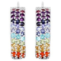 Multicolored Gemstones Cluster Earrings 8.8 Carats 18K White Gold Plated Silver