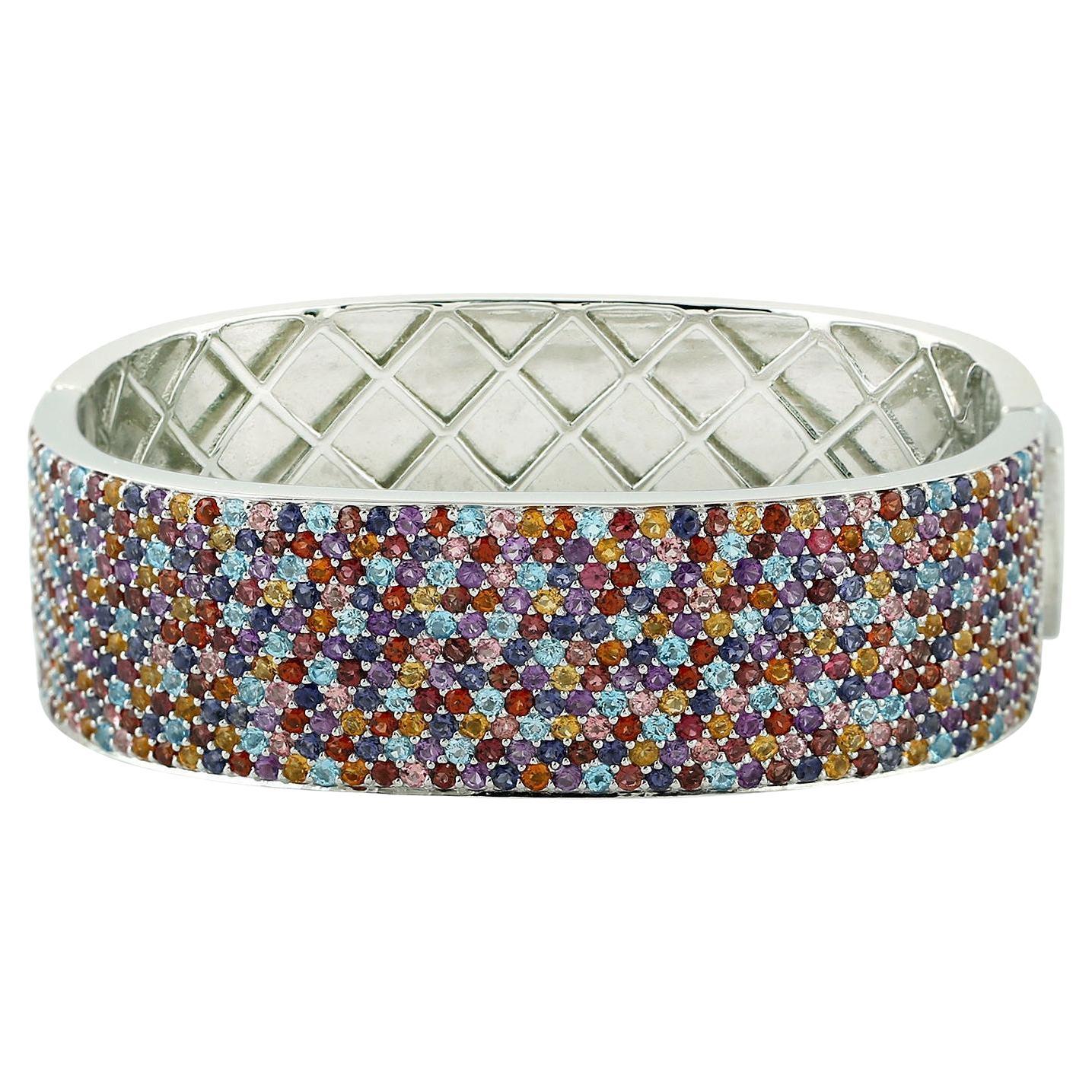 Multicolored Gemstones Cocktail Cluster Bangle Bracelet For Sale