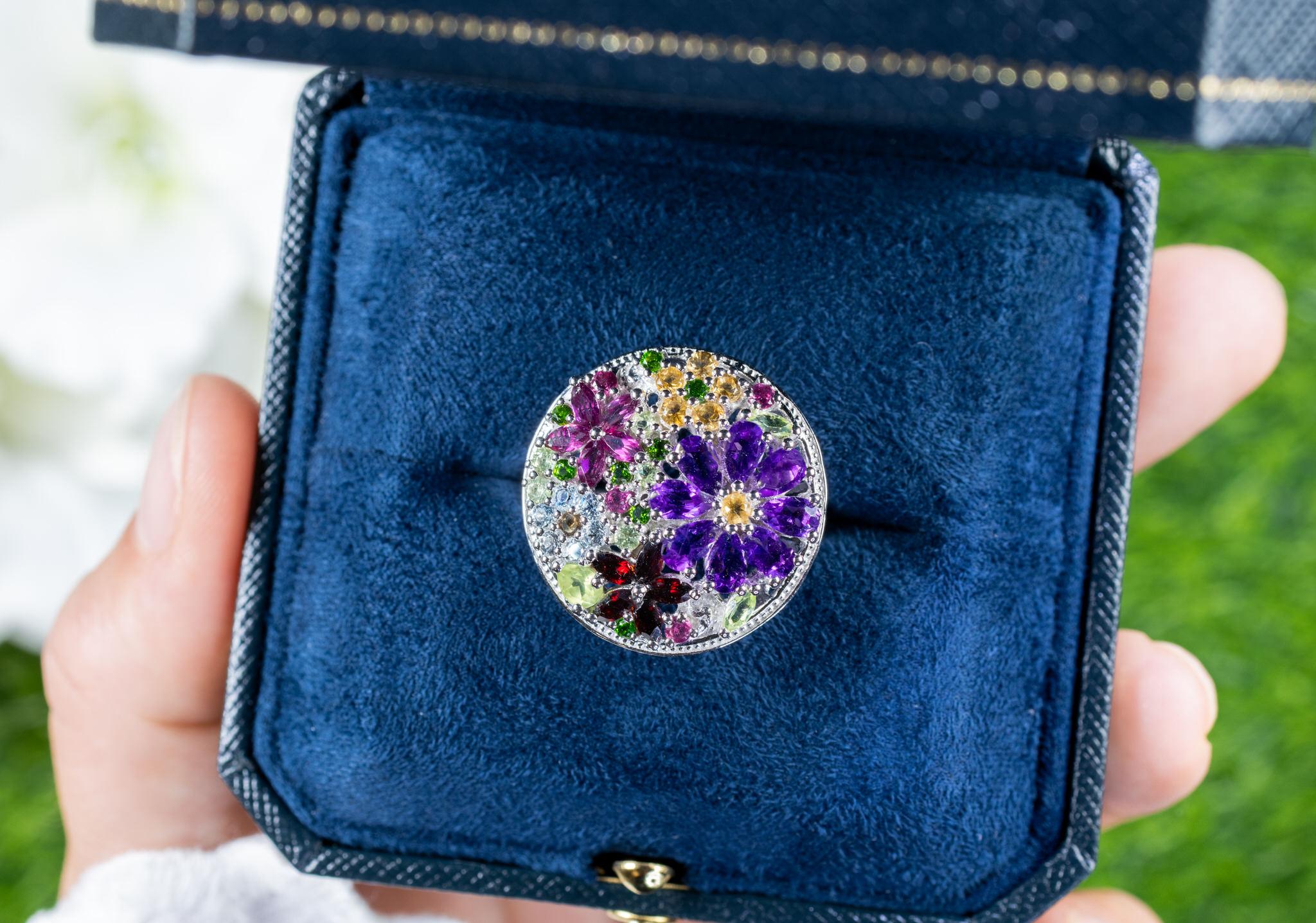 da uomo o donna Anello floreale con pietre multicolori Ametista Peridoto Granato Topazio Citrino in vendita