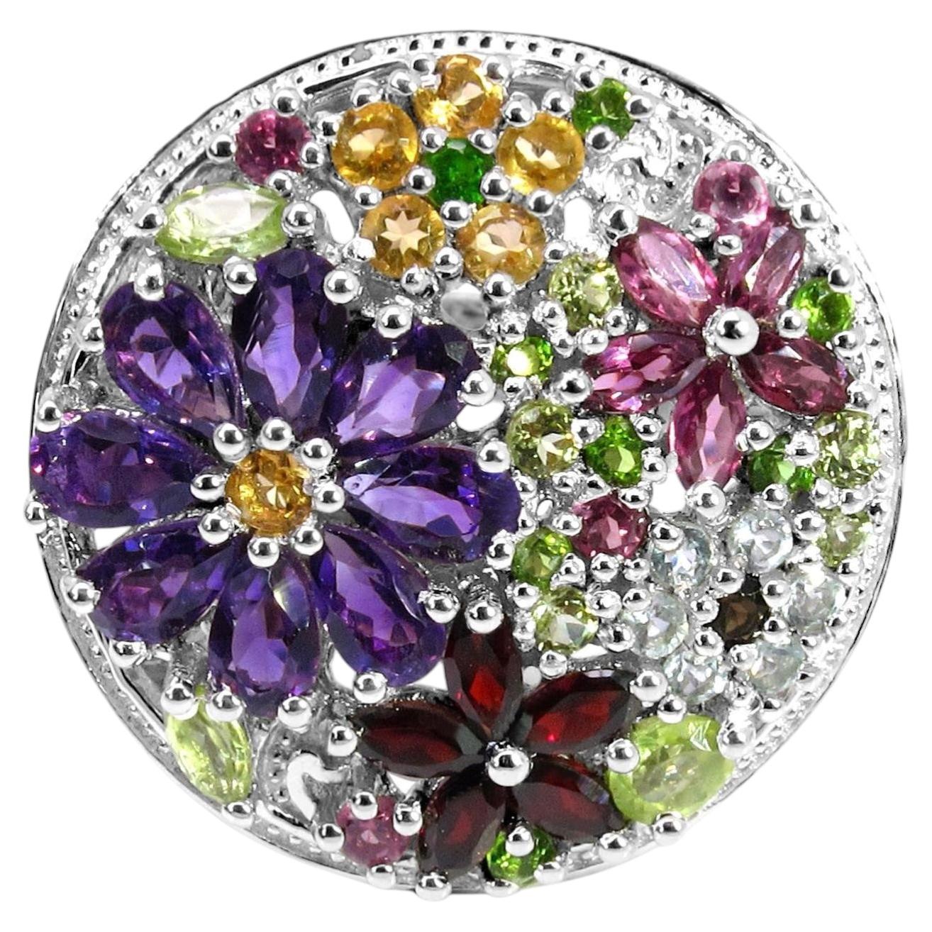 Multicolored Gemstones Flower Ring Amethyst Peridot Garnet Topaz Citrine