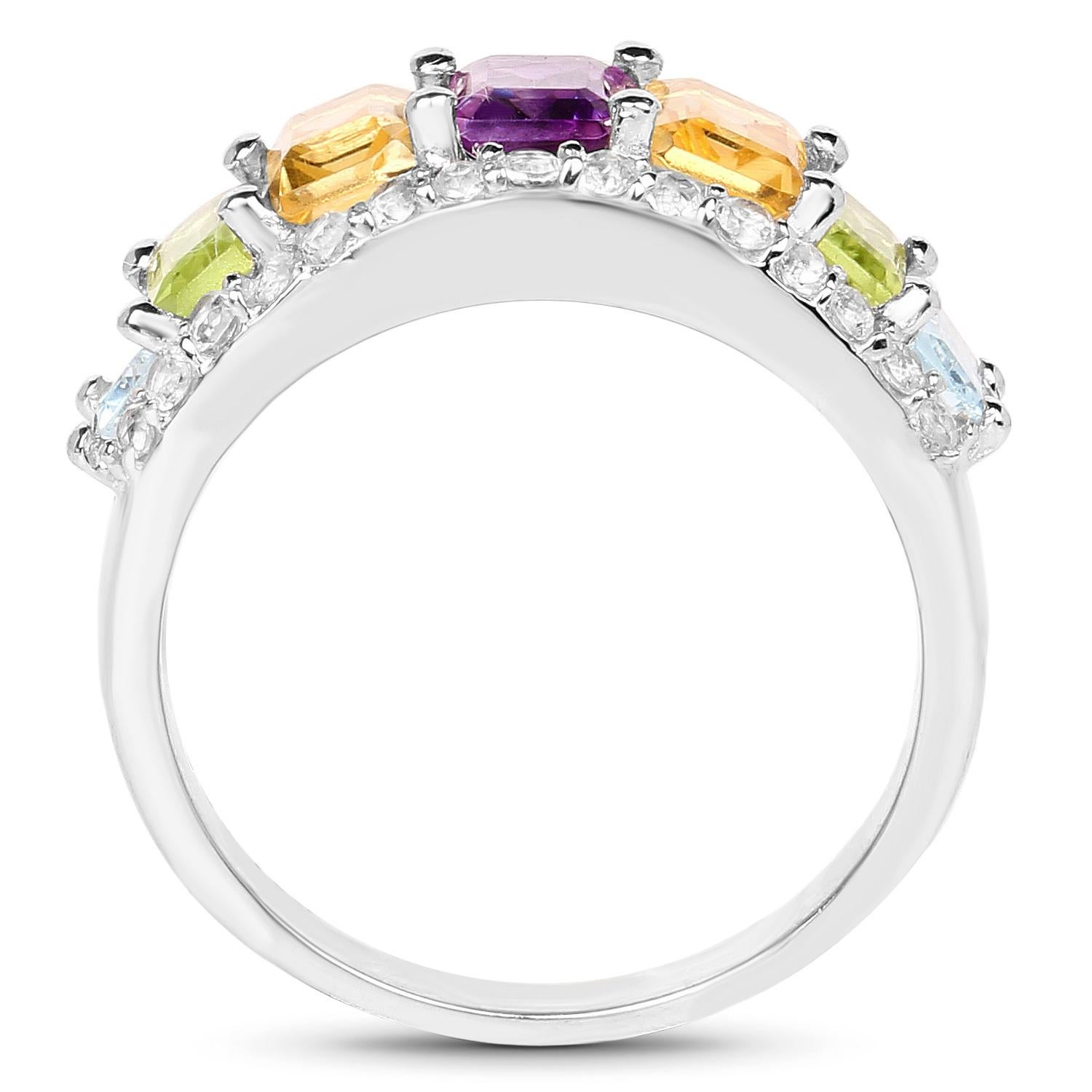 Women's or Men's Multicolored Gemstones Ring Amethyst Citrine Peridot Topaz 3.6 Carats Silver For Sale