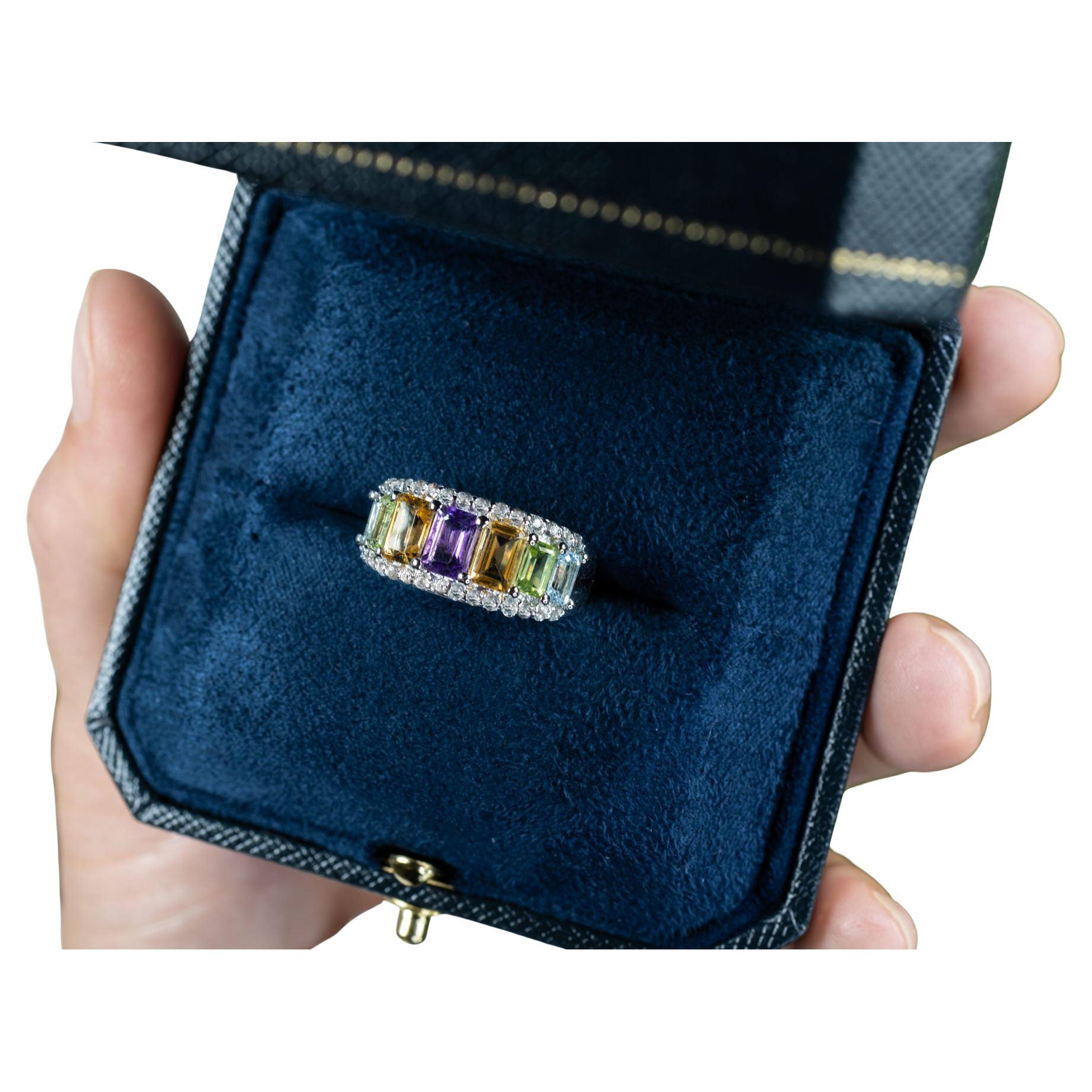 Anello con gemme multicolori Ametista Citrino Peridoto Topazio 3,6 Carati A. Silver in vendita