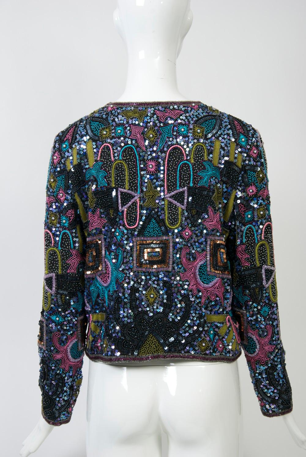 Multicolored Geometric Beaded Evening Jacket In Good Condition For Sale In Alford, MA