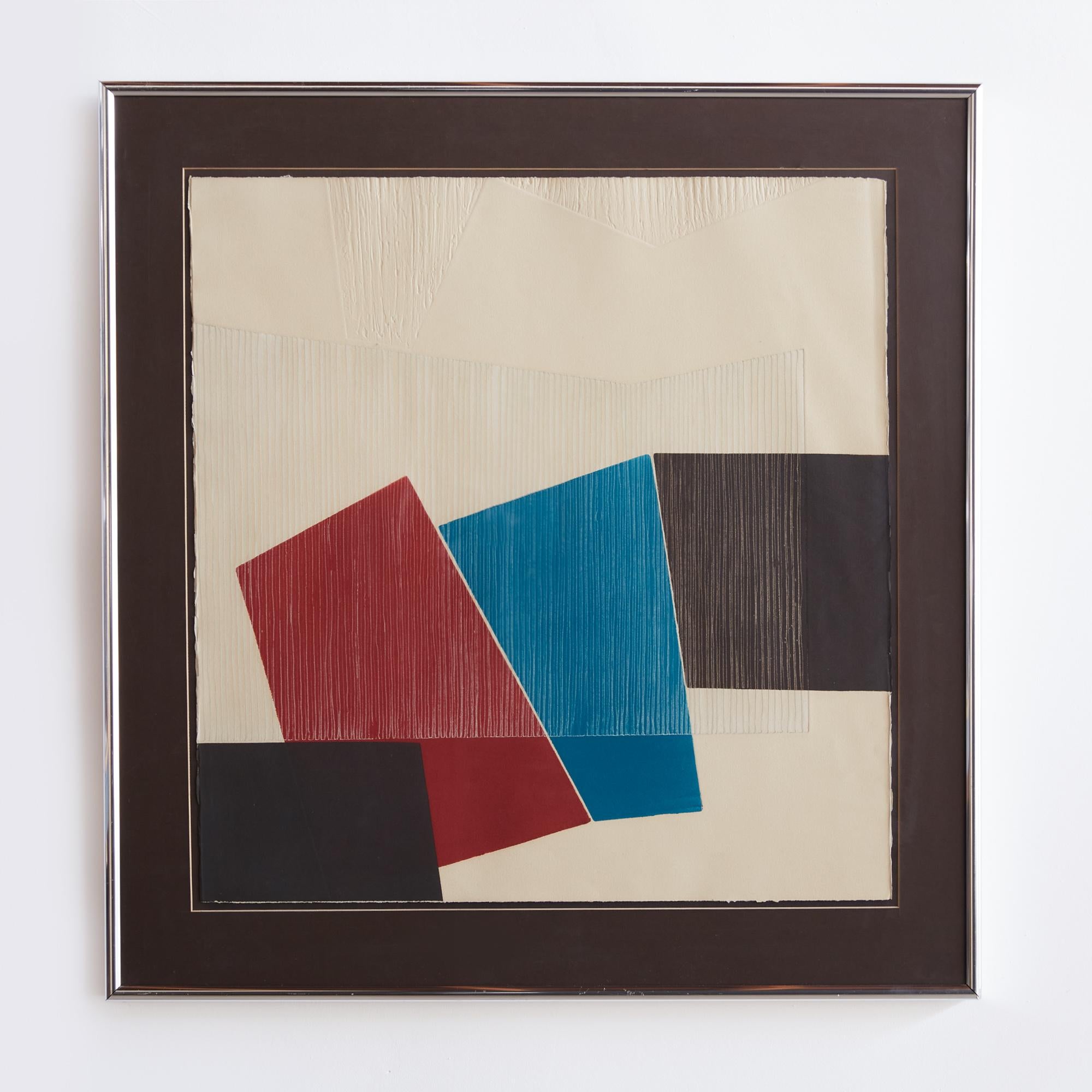 Mid-century screen print formed of blocks of garnet, sky blue, and carob. The blocks of colors build onto each other against a warm, ivory background. A lined coat on top of the base colors adds depth and texture to the composition. A complimentary