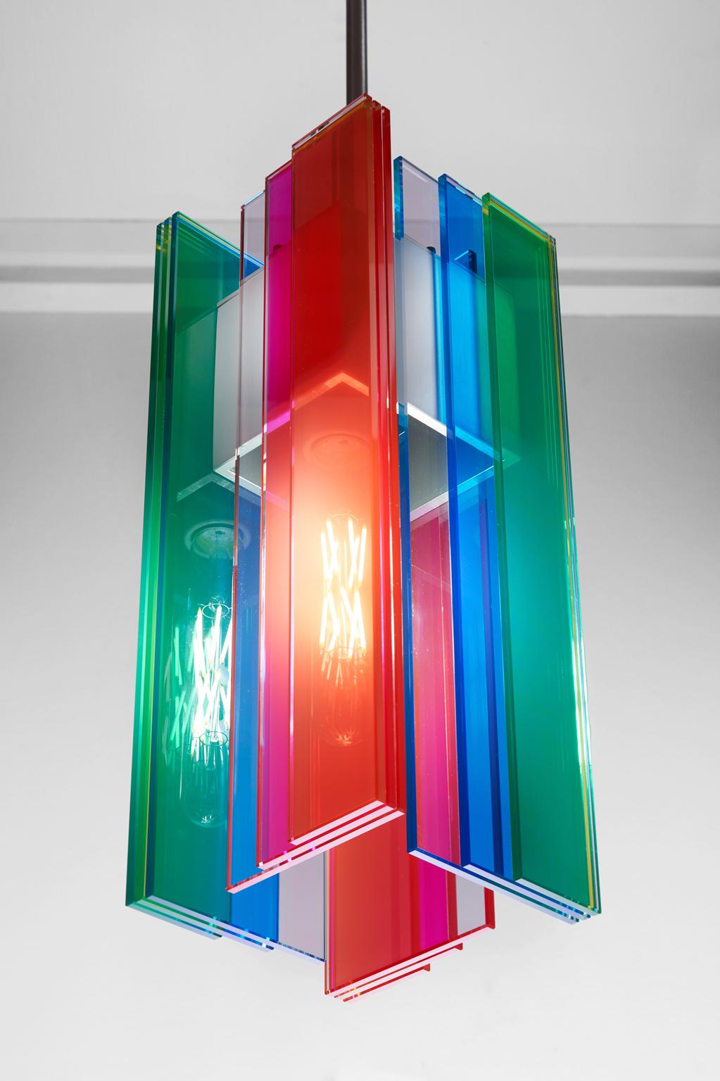 American Multicolored Glass and Aluminum Contemporary LED Hanging Pendant Light For Sale