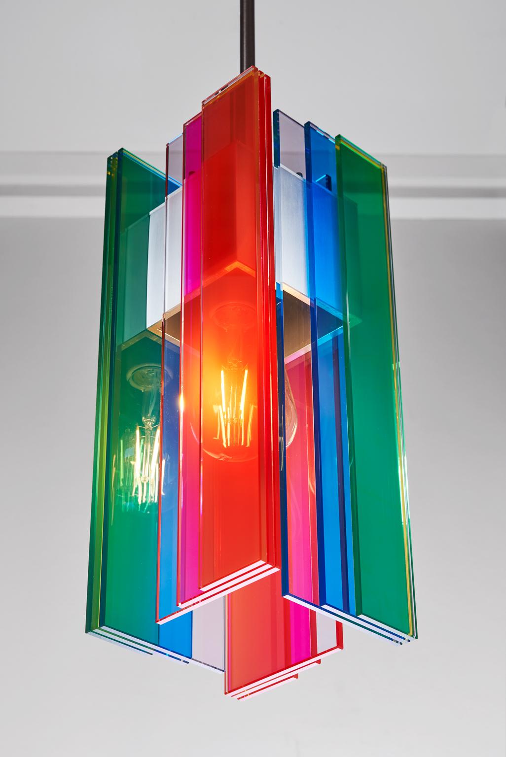 Hand-Crafted Multicolored Glass and Aluminum Contemporary LED Hanging Pendant Light For Sale